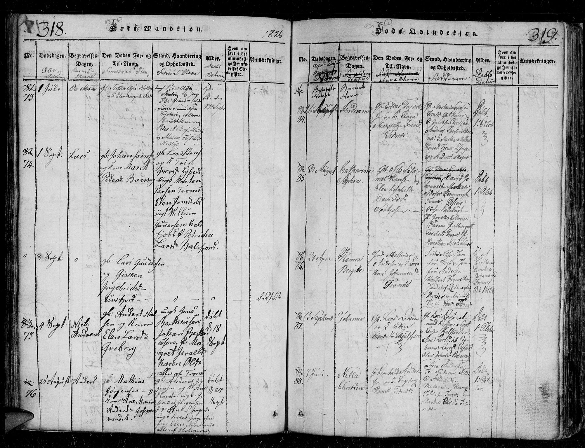 Tromsø sokneprestkontor/stiftsprosti/domprosti, AV/SATØ-S-1343/G/Gb/L0001klokker: Klokkerbok nr. 1, 1821-1833, s. 318-319