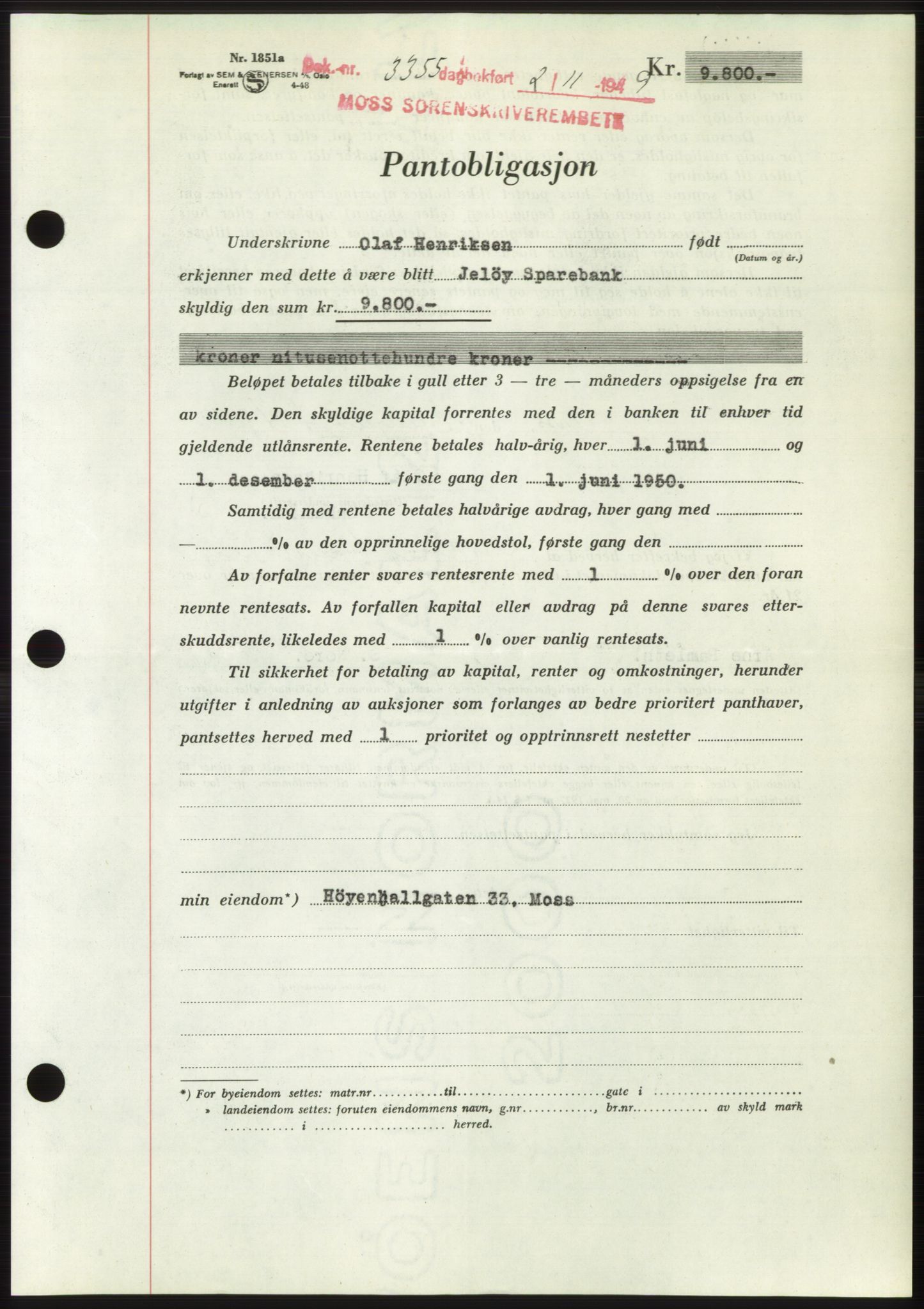 Moss sorenskriveri, SAO/A-10168: Pantebok nr. B23, 1949-1950, Dagboknr: 3355/1949