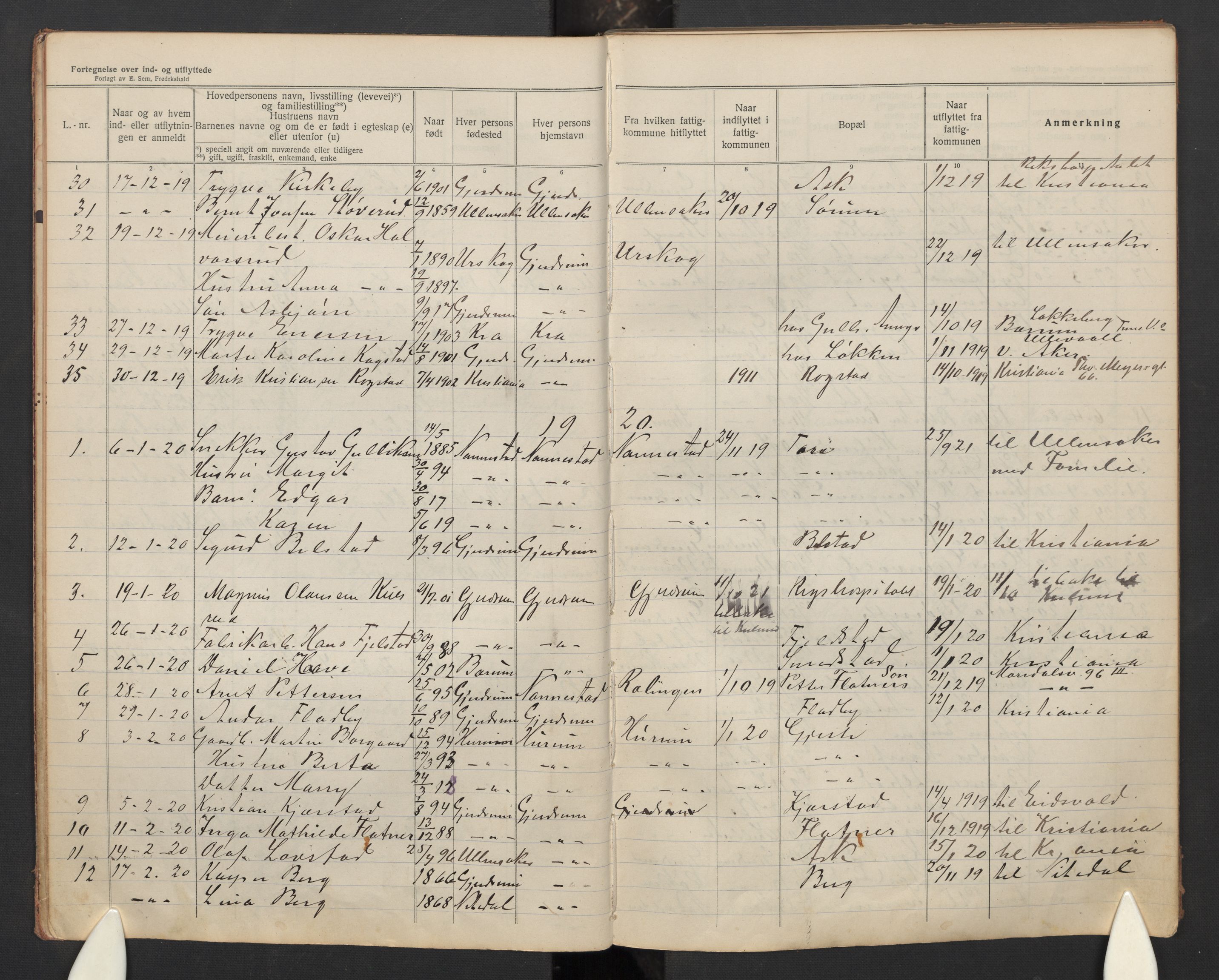 Gjerdrum lensmannskontor, AV/SAO-A-10413/O/Ob/L0001: Fortegnelse over inn- og utflyttede, 1919-1938