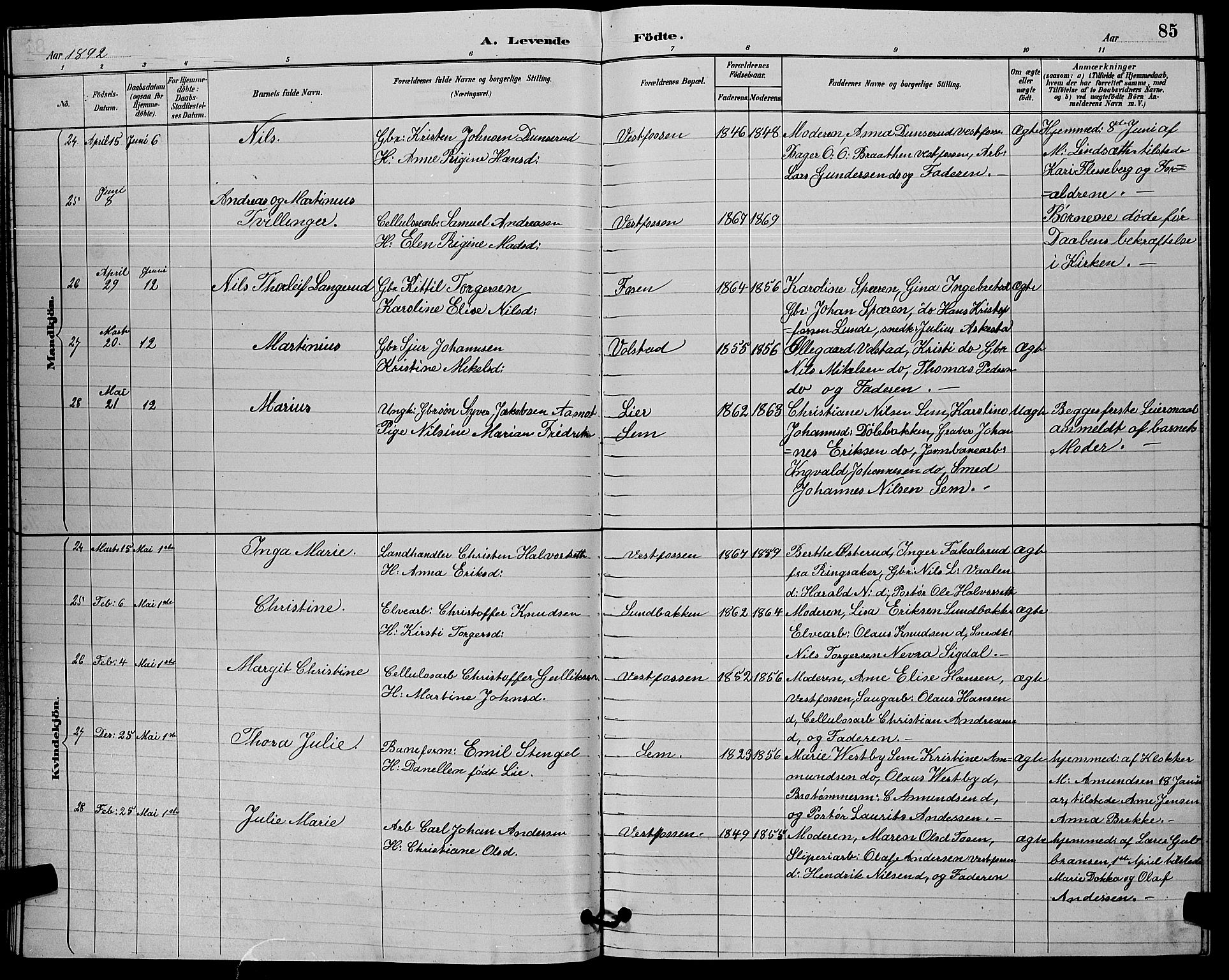 Eiker kirkebøker, AV/SAKO-A-4/G/Ga/L0006: Klokkerbok nr. I 6, 1885-1893, s. 85