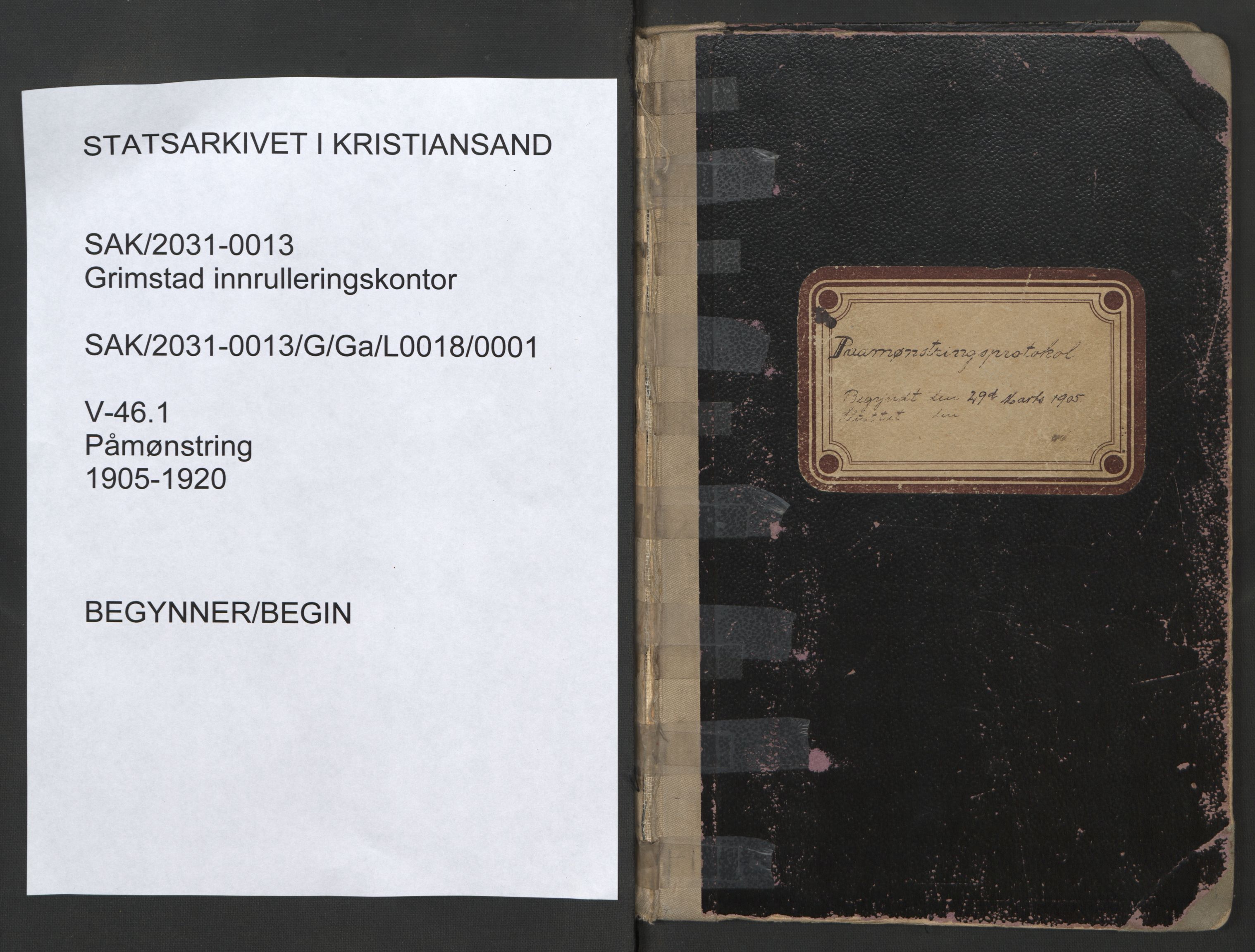 Grimstad mønstringskrets, AV/SAK-2031-0013/G/Ga/L0018/0001: Påmønstring, V-46 / Påmønstring, 1905-1920, s. 1