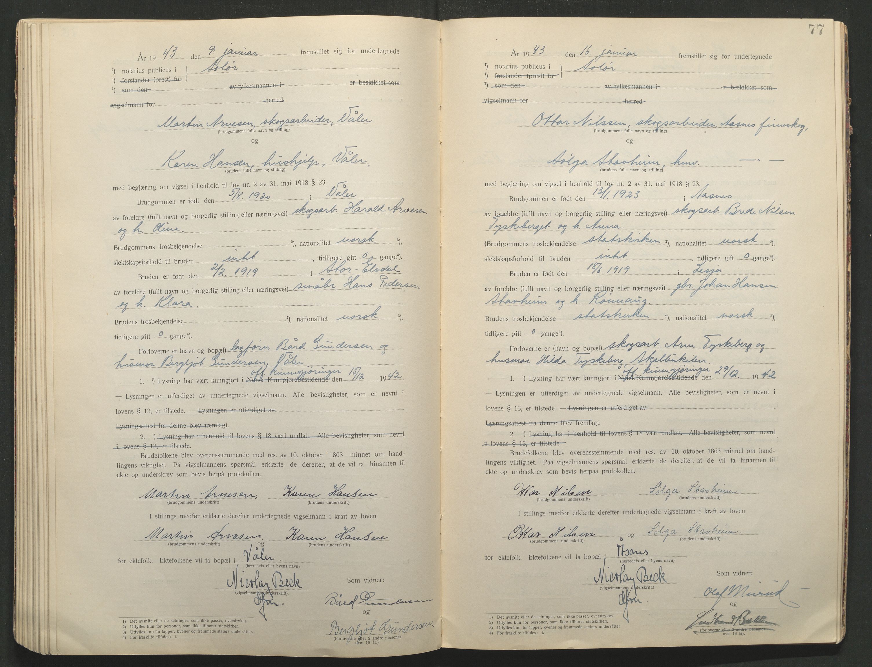 Solør tingrett, AV/SAH-TING-008/L/Lb/L0001: Vigselprotokoll, 1920-1943, s. 77