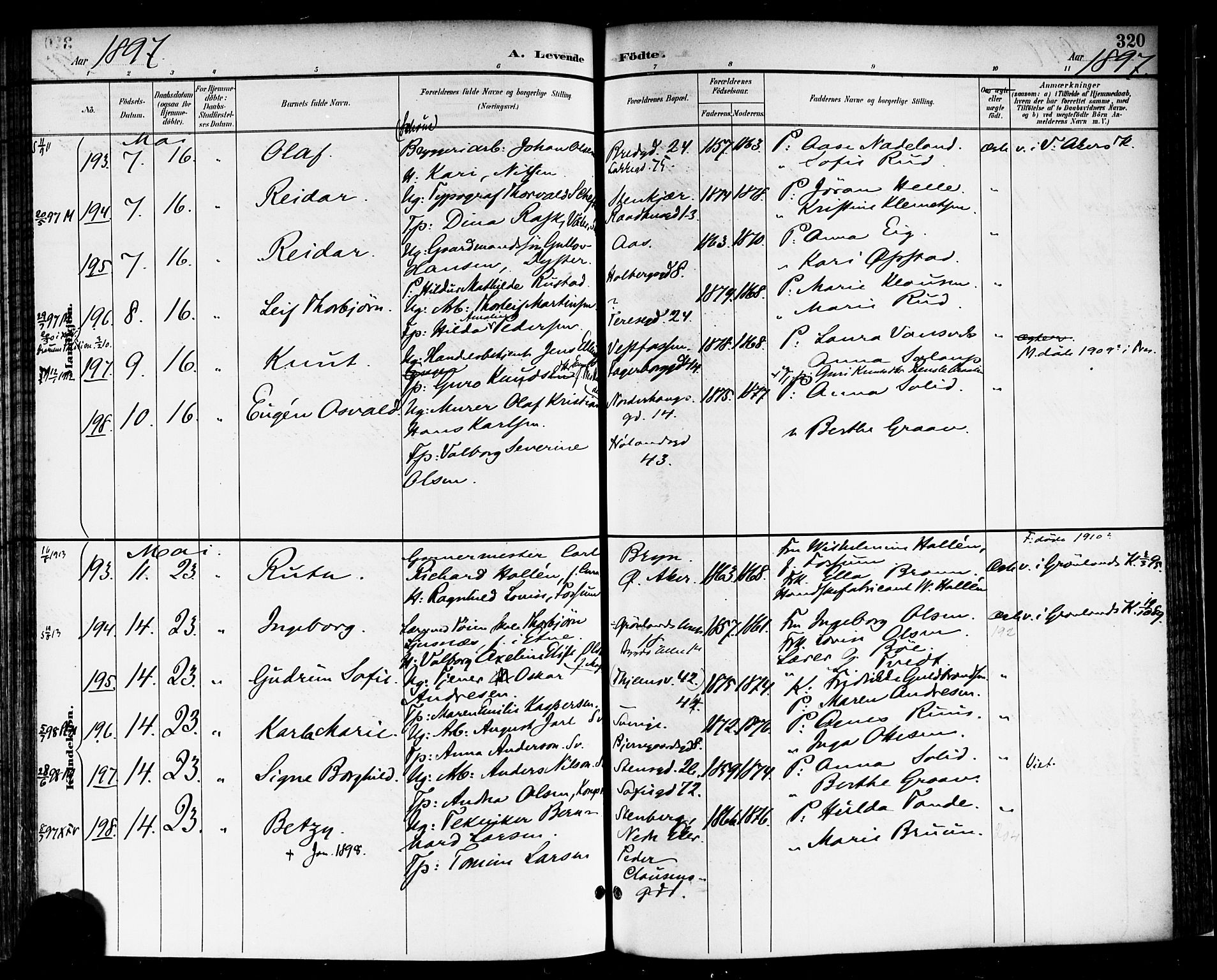 Rikshospitalet prestekontor Kirkebøker, AV/SAO-A-10309b/F/L0009: Ministerialbok nr. 9, 1894-1897, s. 320