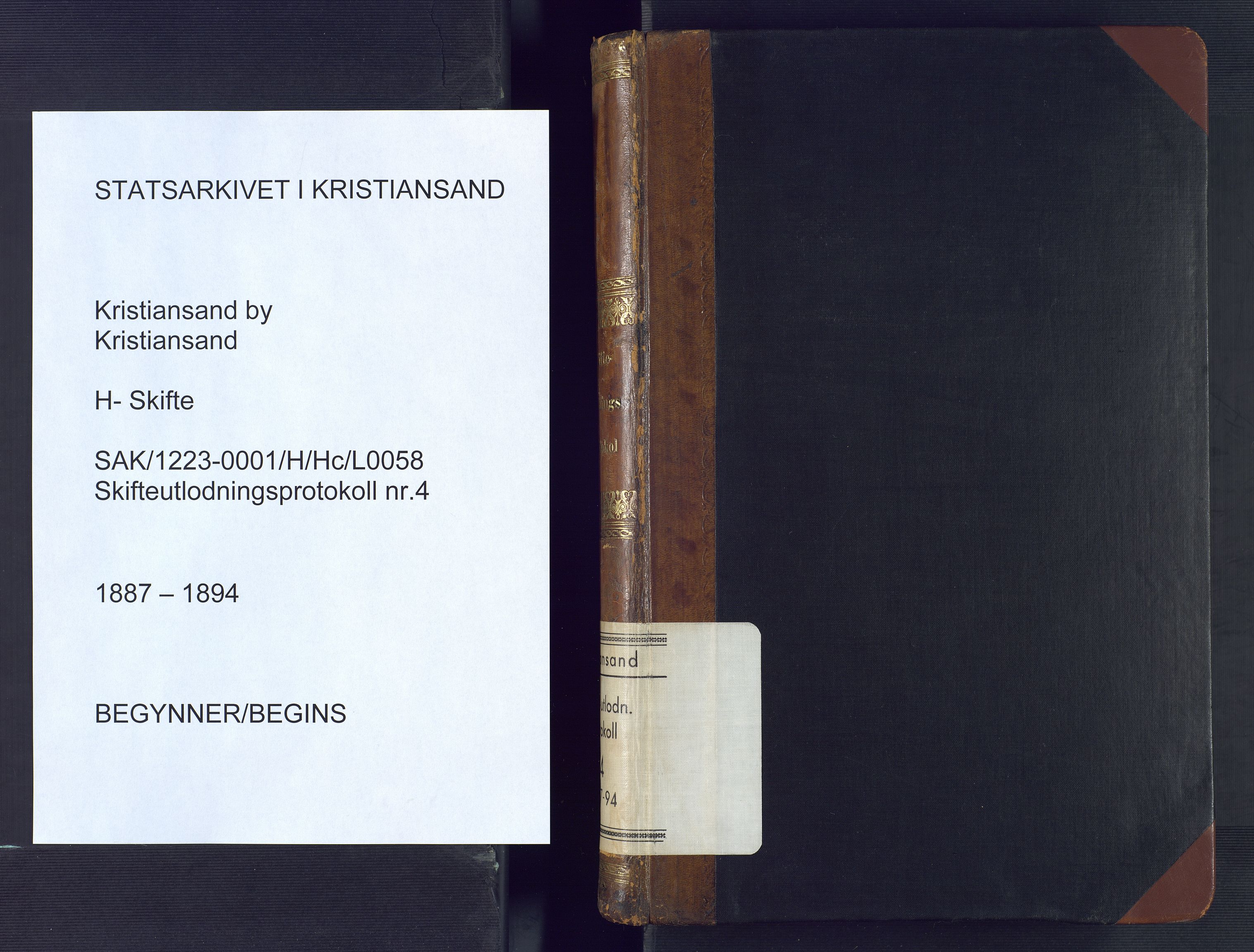 Kristiansand byrett, SAK/1223-0001/H/Hc/L0058: Skifteutlodningsprotokoll nr. 4, med register, 1887-1894