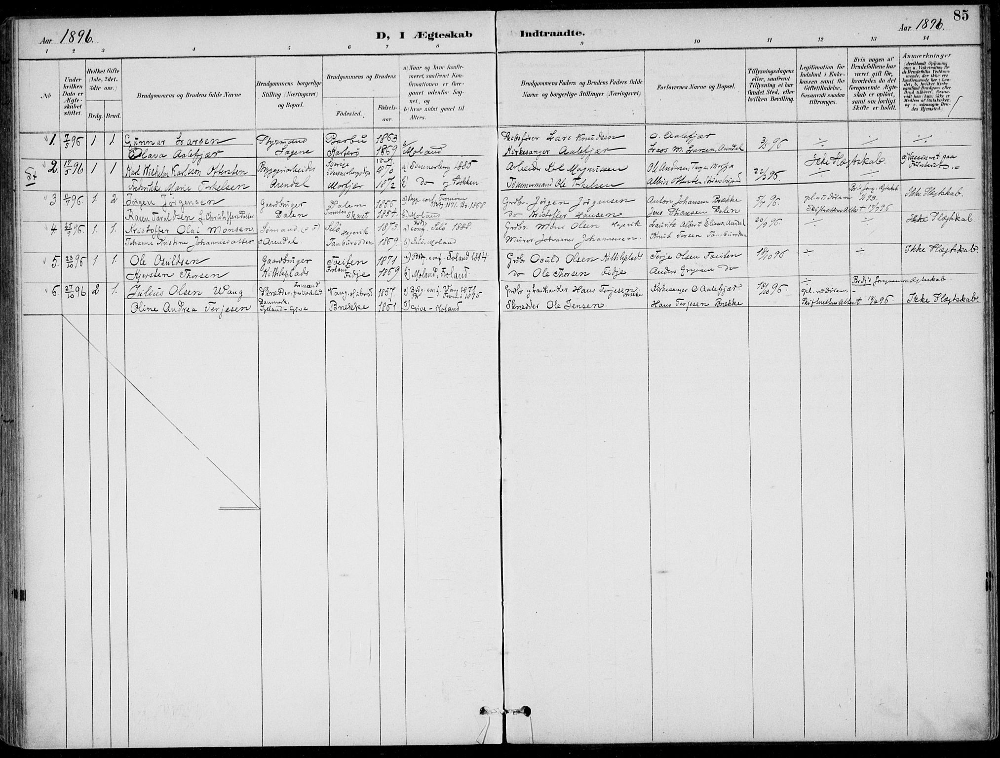 Austre Moland sokneprestkontor, SAK/1111-0001/F/Fa/Faa/L0011: Ministerialbok nr. A 11, 1894-1915, s. 85