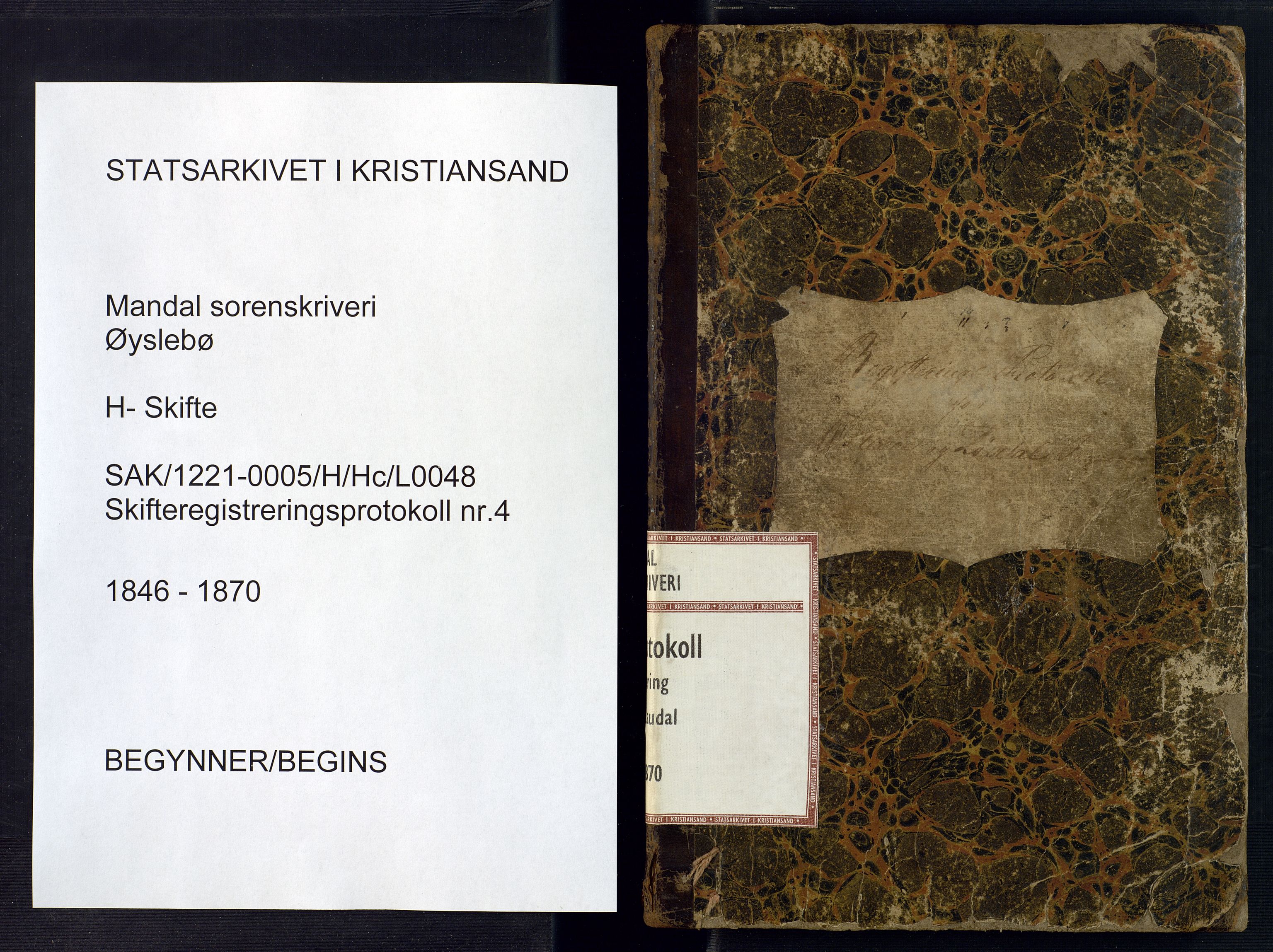 Mandal sorenskriveri, SAK/1221-0005/001/H/Hc/L0048: Skifteregistreringsprotokoll nr 4 Øyslebø og Laudal, 1846-1870