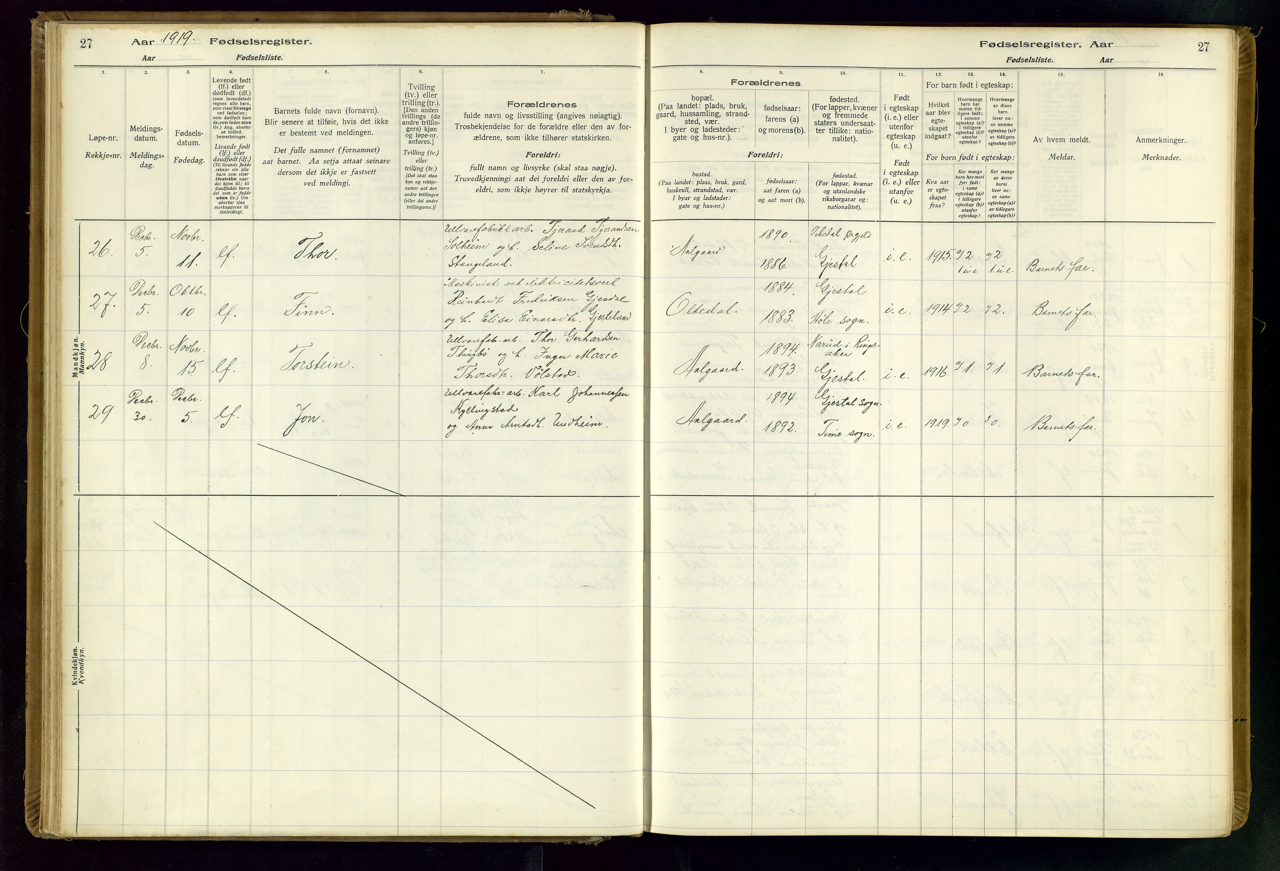 Gjesdal sokneprestkontor, SAST/A-101796/002/O/L0001: Fødselsregister nr. 1, 1916-1949, s. 27