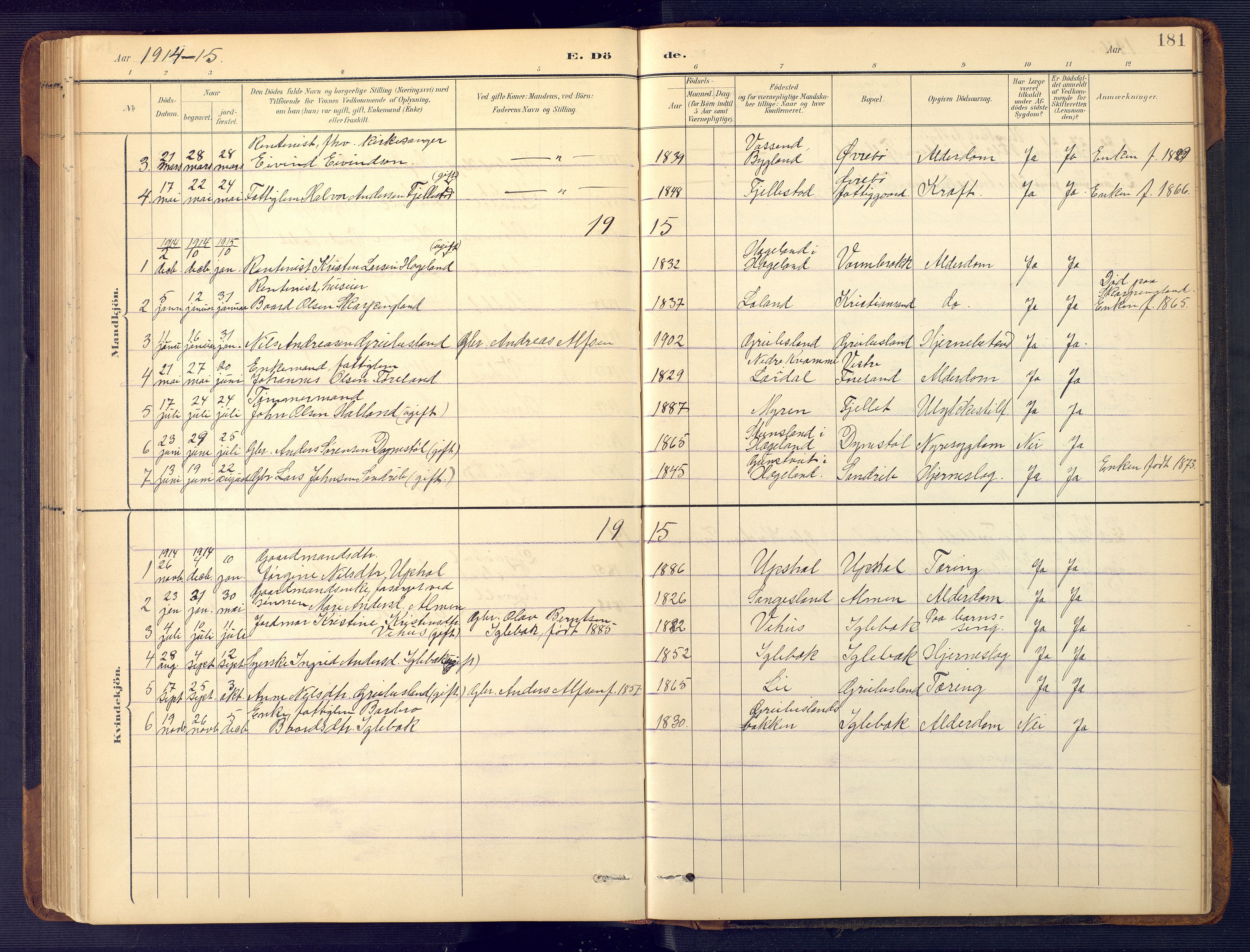 Vennesla sokneprestkontor, SAK/1111-0045/Fb/Fbc/L0003: Klokkerbok nr. B 3, 1895-1946, s. 181