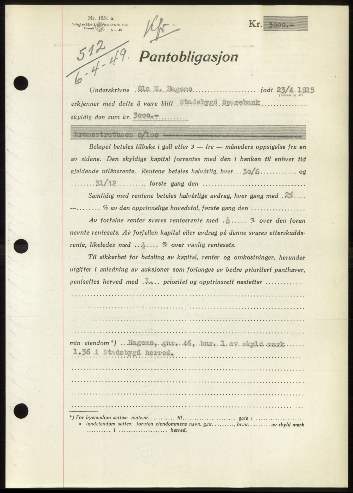 Fosen sorenskriveri, AV/SAT-A-1107/1/2/2C: Pantebok nr. B, 1948-1950, Dagboknr: 512/1949