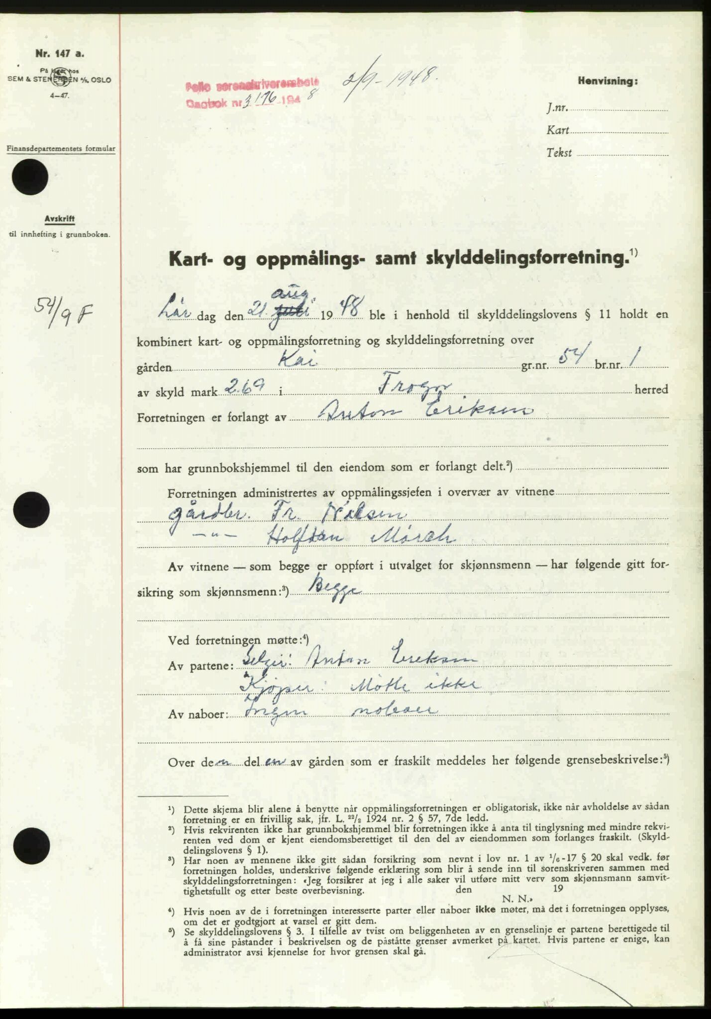 Follo sorenskriveri, SAO/A-10274/G/Ga/Gaa/L0085: Pantebok nr. I 85, 1948-1948, Dagboknr: 3176/1948