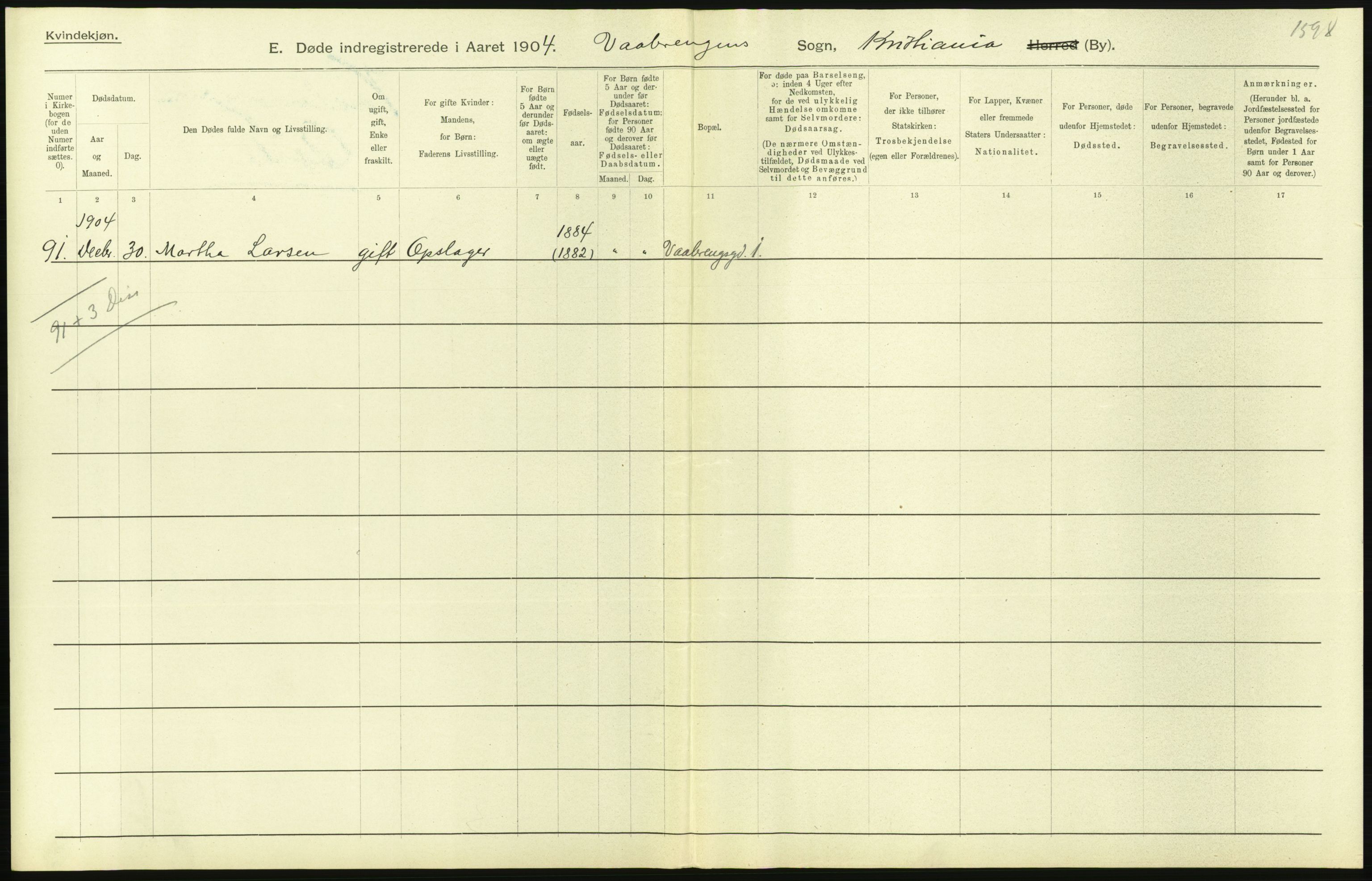 Statistisk sentralbyrå, Sosiodemografiske emner, Befolkning, AV/RA-S-2228/D/Df/Dfa/Dfab/L0004: Kristiania: Gifte, døde, 1904, s. 407