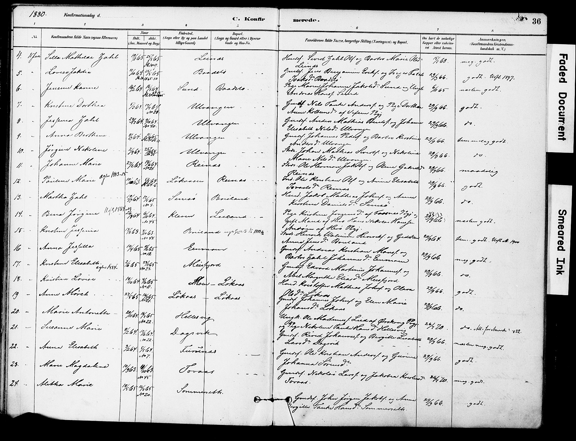 Ministerialprotokoller, klokkerbøker og fødselsregistre - Nordland, AV/SAT-A-1459/830/L0450: Ministerialbok nr. 830A14, 1879-1896, s. 36
