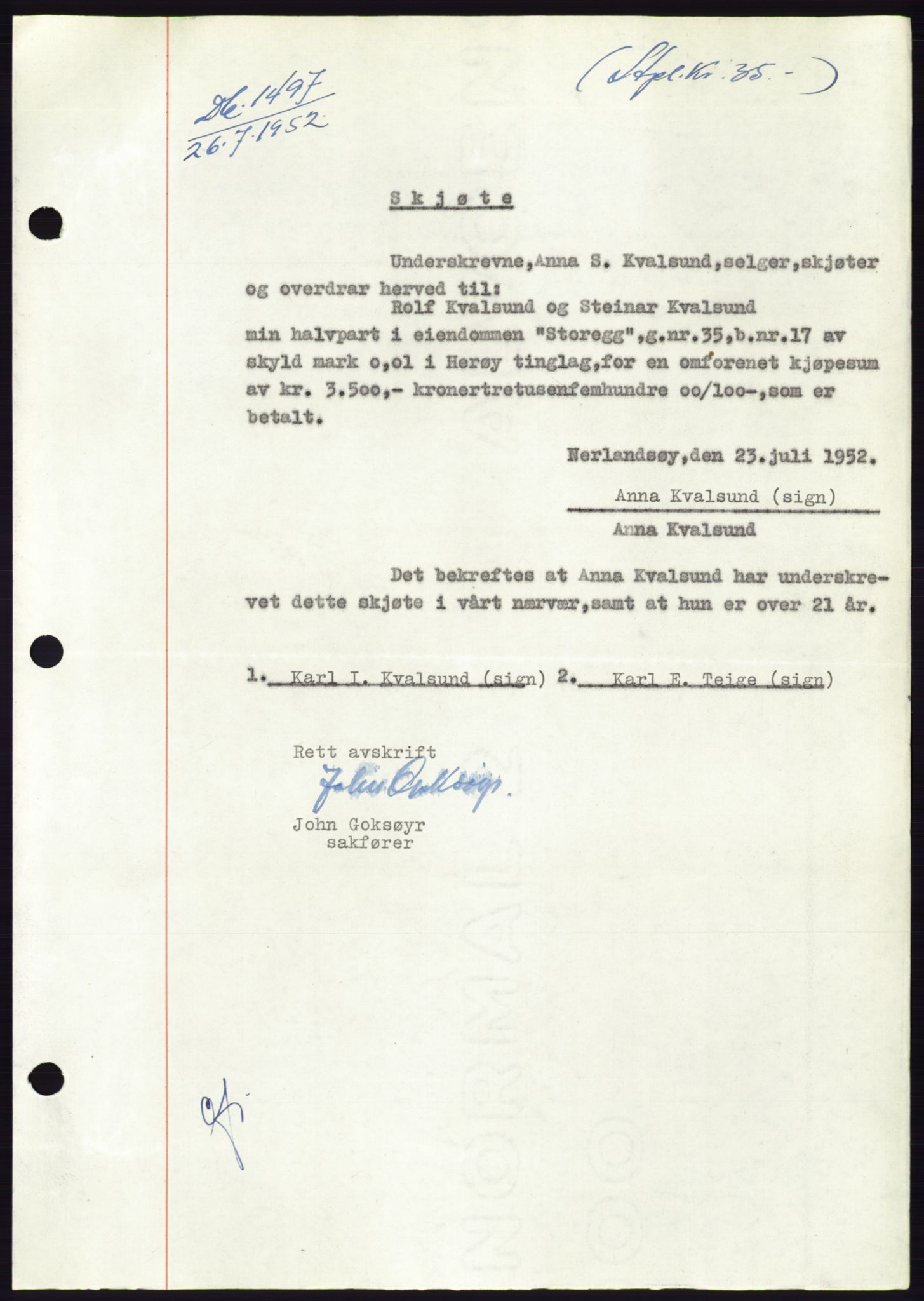 Søre Sunnmøre sorenskriveri, AV/SAT-A-4122/1/2/2C/L0092: Pantebok nr. 18A, 1952-1952, Dagboknr: 1497/1952