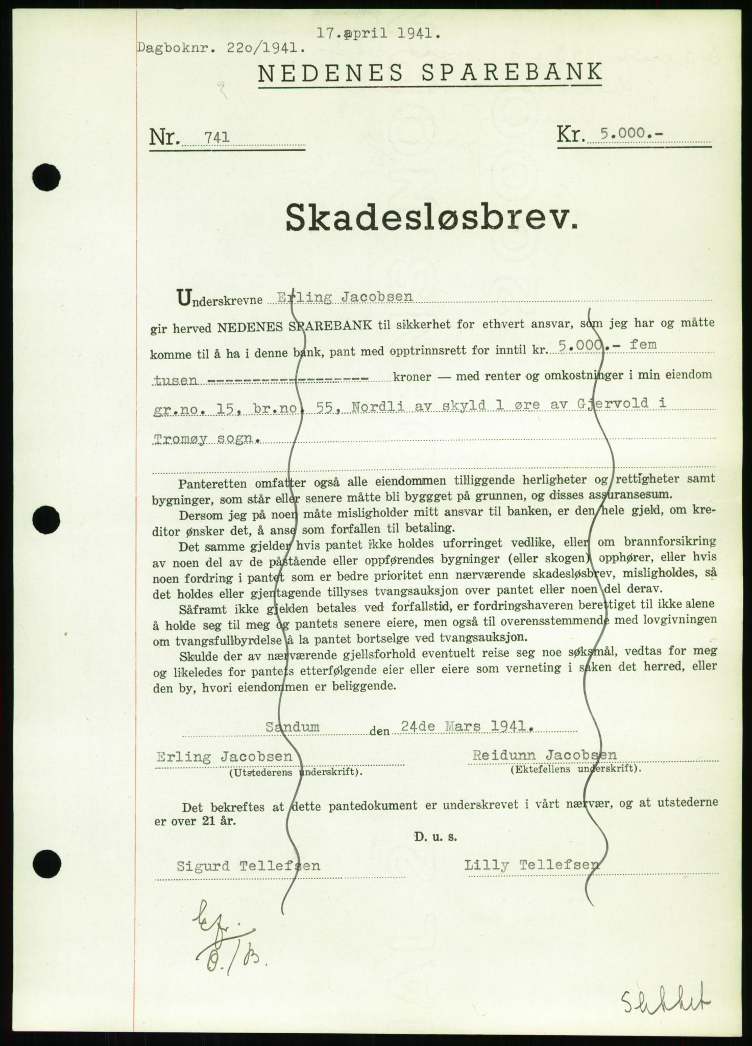 Nedenes sorenskriveri, SAK/1221-0006/G/Gb/Gbb/L0001: Pantebok nr. I, 1939-1942, Dagboknr: 220/1941