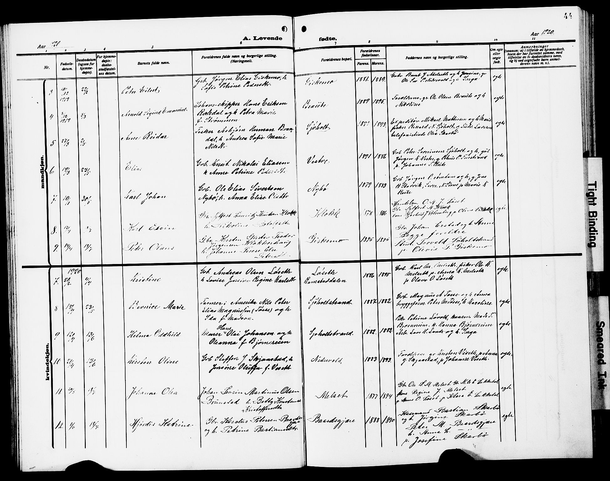 Ministerialprotokoller, klokkerbøker og fødselsregistre - Møre og Romsdal, SAT/A-1454/522/L0328: Klokkerbok nr. 522C07, 1909-1925, s. 44