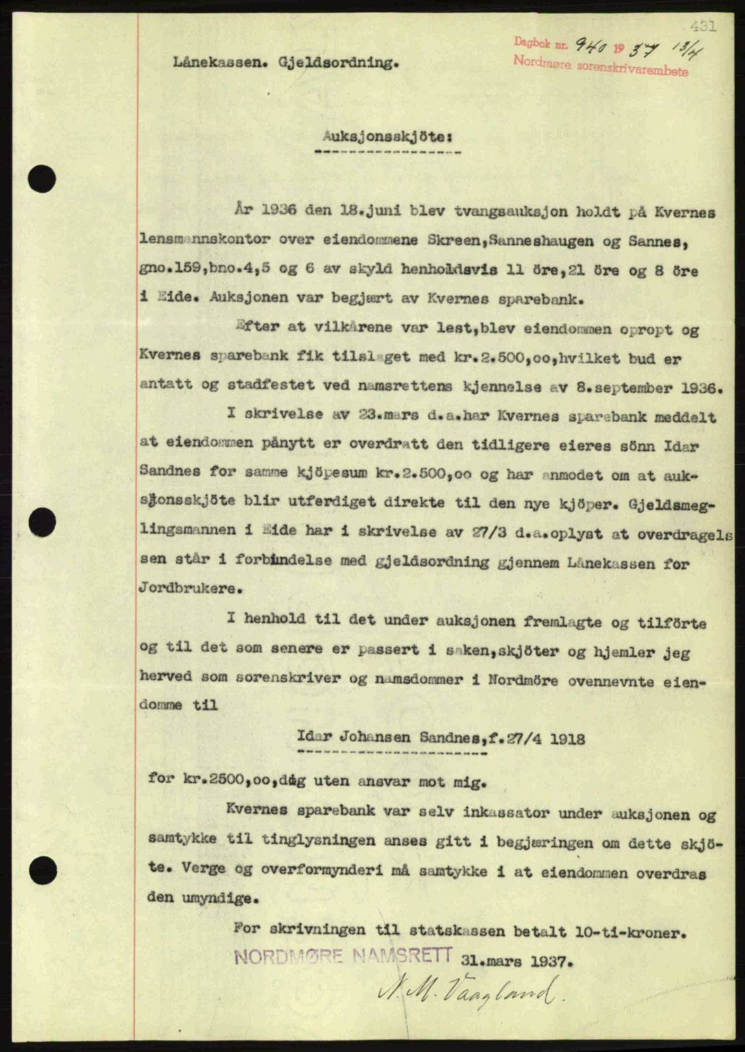 Nordmøre sorenskriveri, SAT/A-4132/1/2/2Ca: Pantebok nr. A81, 1937-1937, Dagboknr: 940/1937