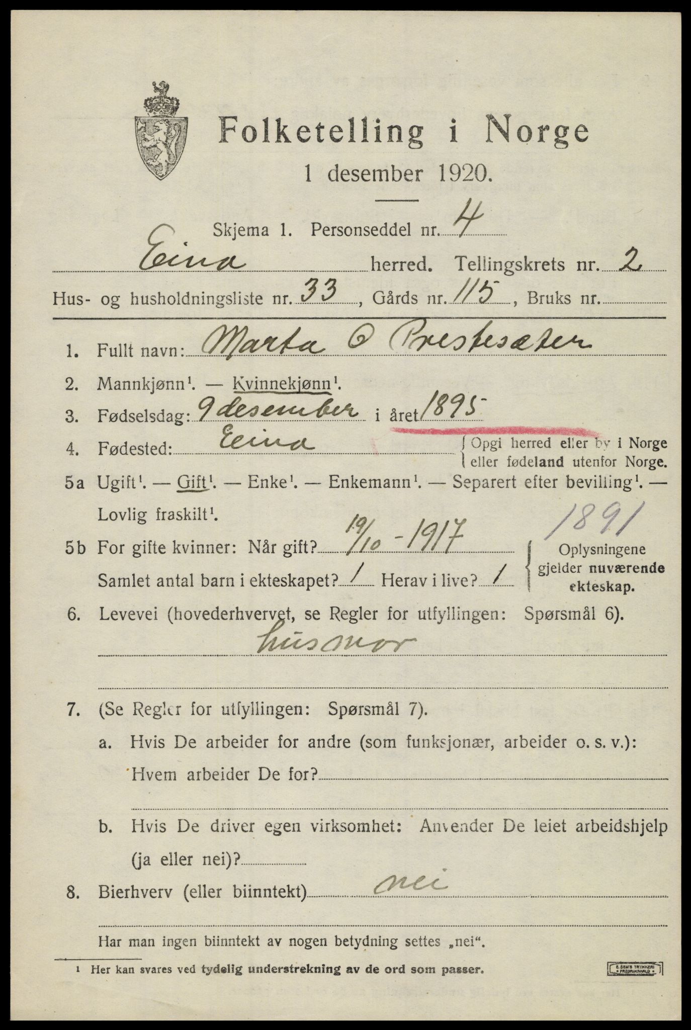SAH, Folketelling 1920 for 0530 Eina herred, 1920, s. 2172