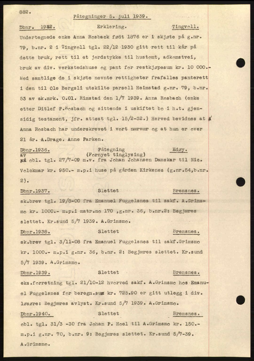 Nordmøre sorenskriveri, SAT/A-4132/1/2/2Ca: Pantebok nr. C80, 1936-1939, Dagboknr: 1932/1939
