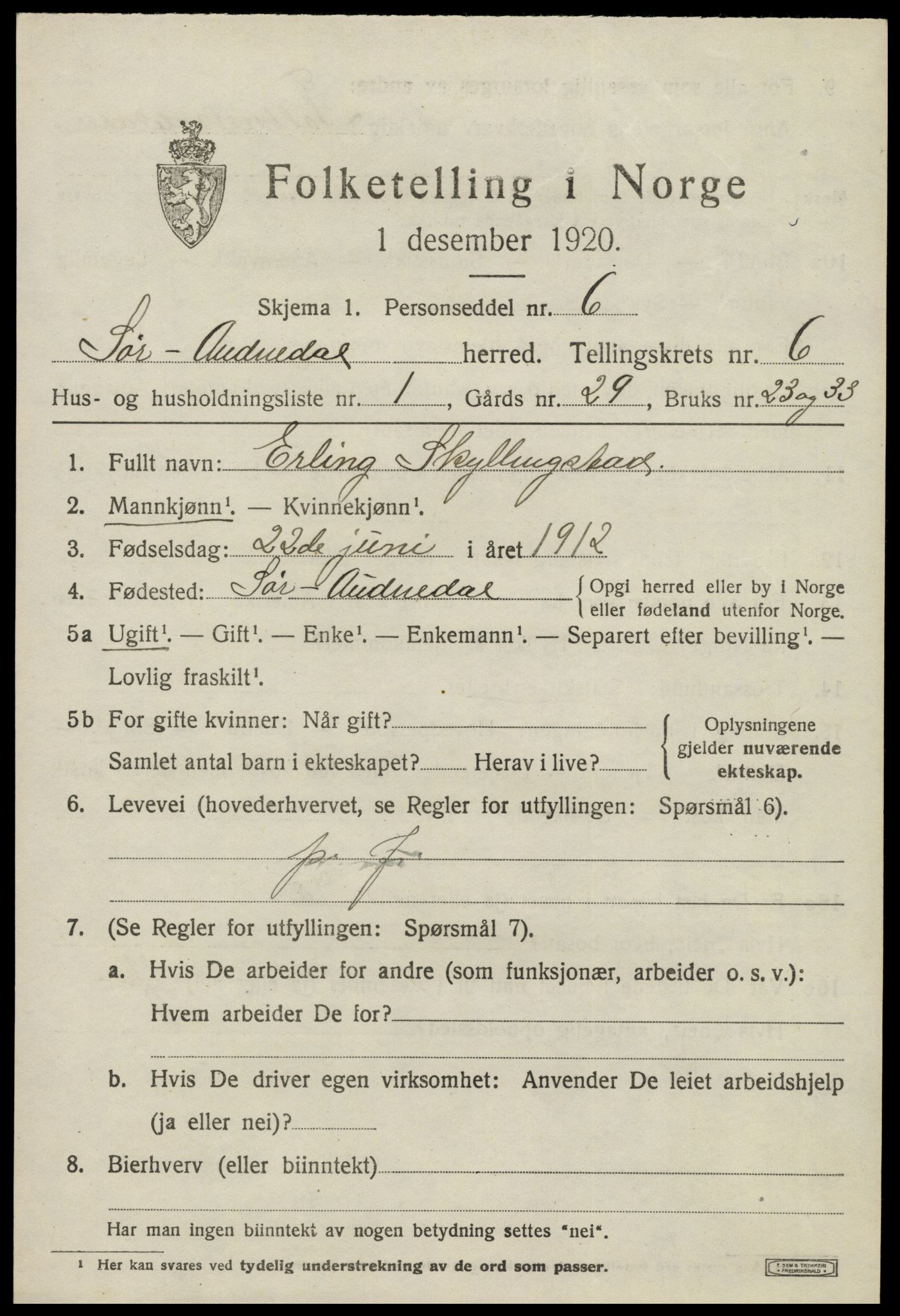 SAK, Folketelling 1920 for 1029 Sør-Audnedal herred, 1920, s. 2701