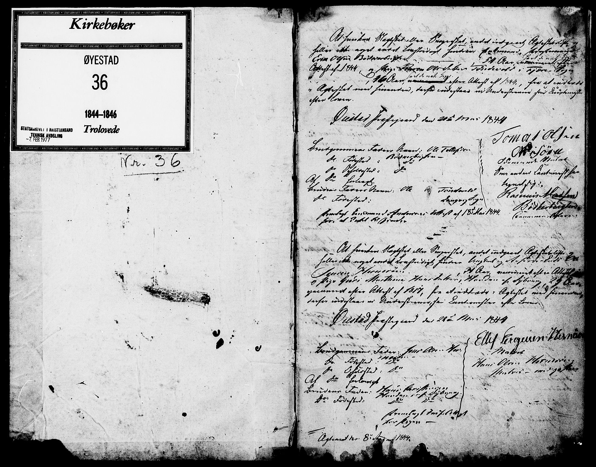 Øyestad sokneprestkontor, AV/SAK-1111-0049/F/Fe/L0002: Forlovererklæringer nr. A VI 20, 1844-1846, s. 1