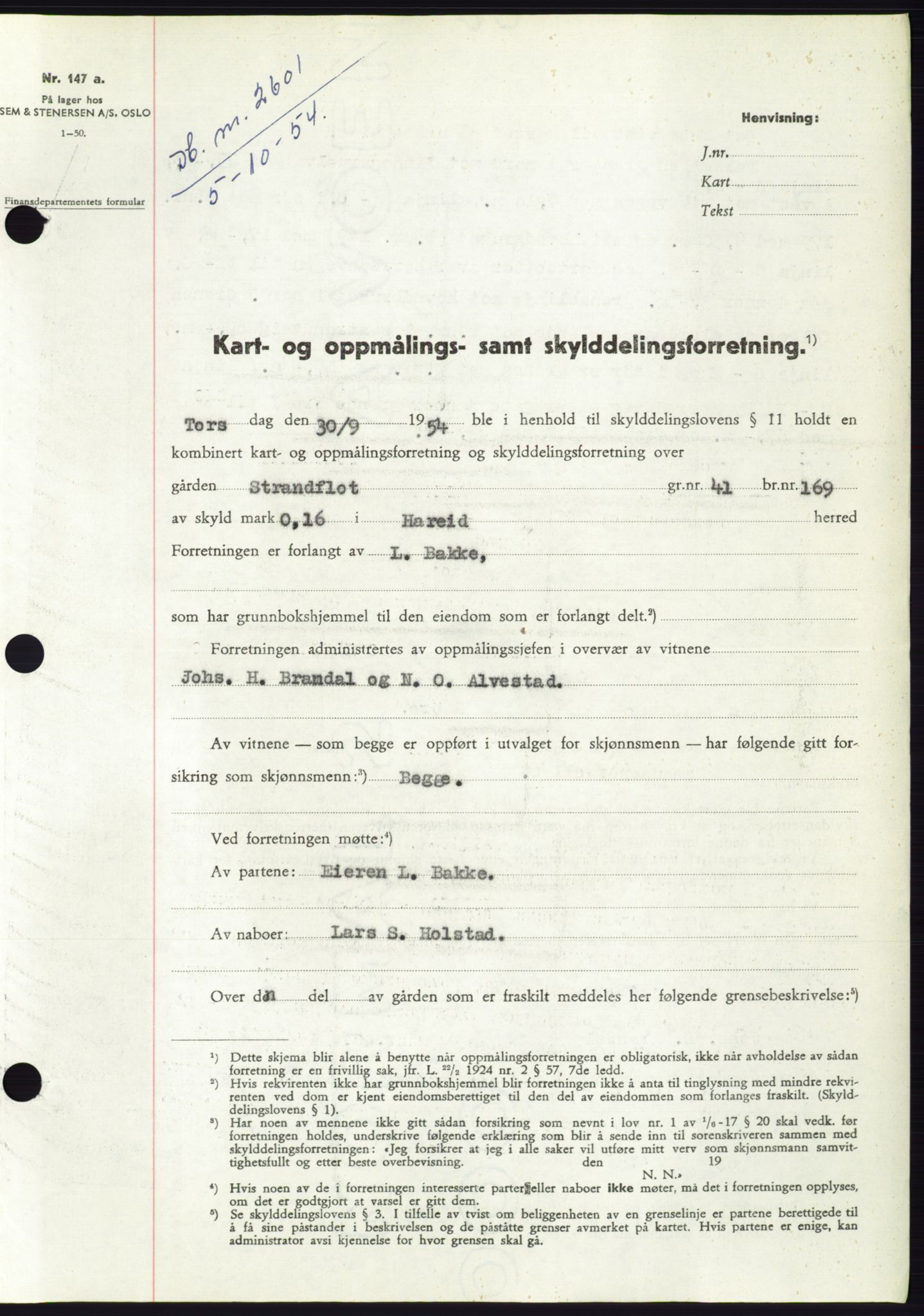 Søre Sunnmøre sorenskriveri, AV/SAT-A-4122/1/2/2C/L0099: Pantebok nr. 25A, 1954-1954, Dagboknr: 2601/1954