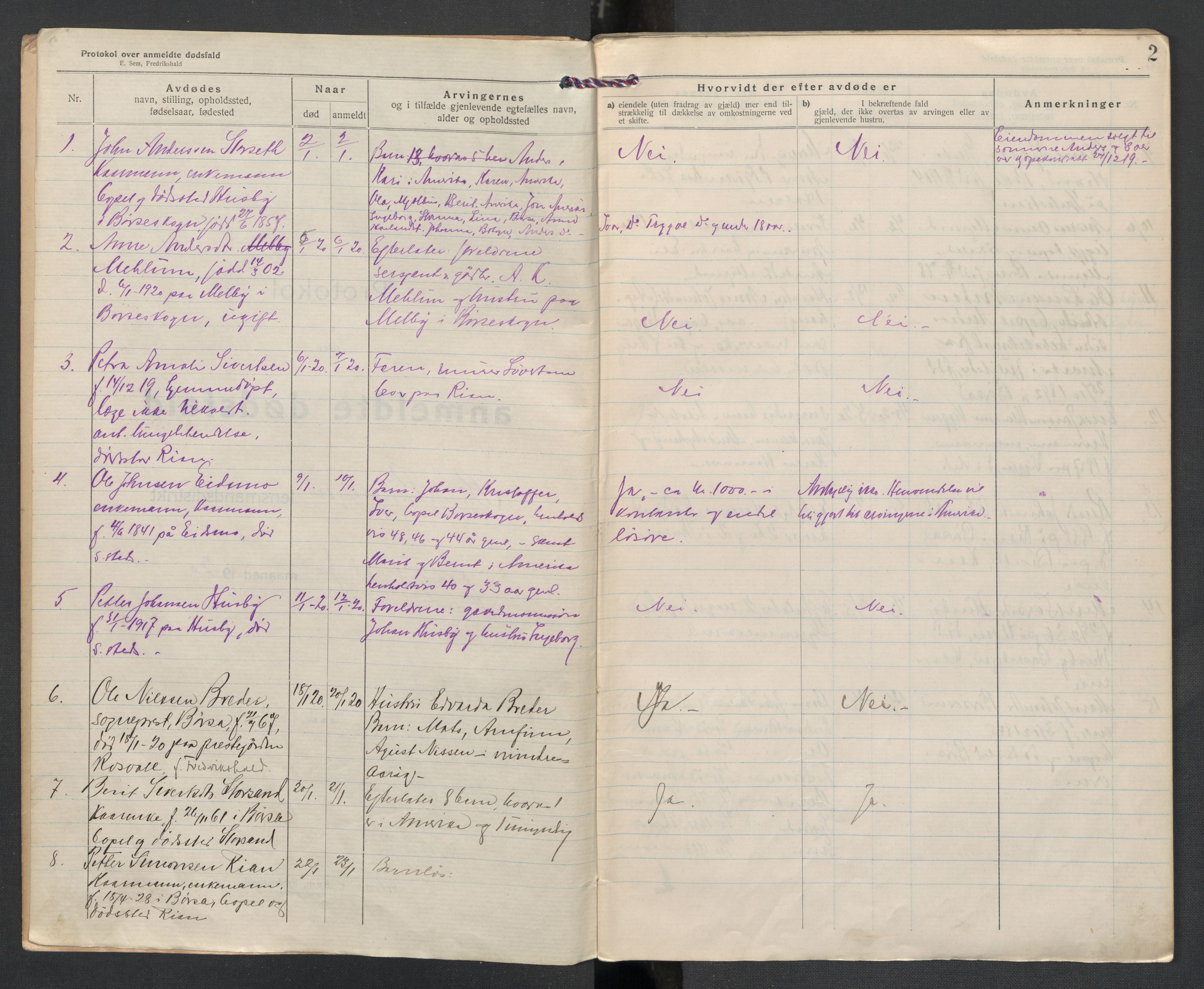 Børsa og Skaun lensmannskontor, AV/SAT-A-5888/02/L0004: 2.01.04 Dødsfallsprotokoll, 1920-1924, s. 2