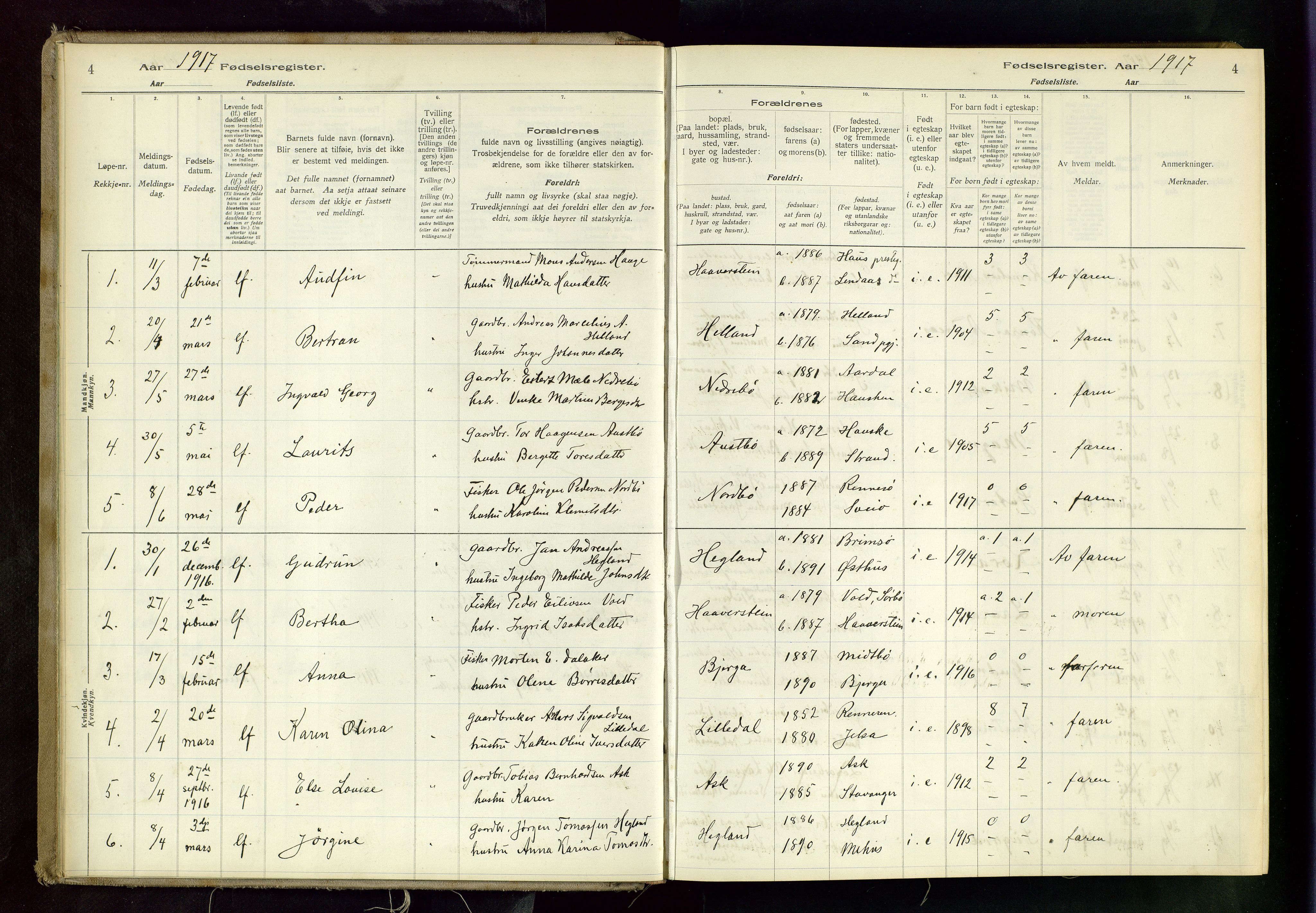 Rennesøy sokneprestkontor, SAST/A -101827/I/Id/L0001: Fødselsregister nr. 1, 1916-1982, s. 4