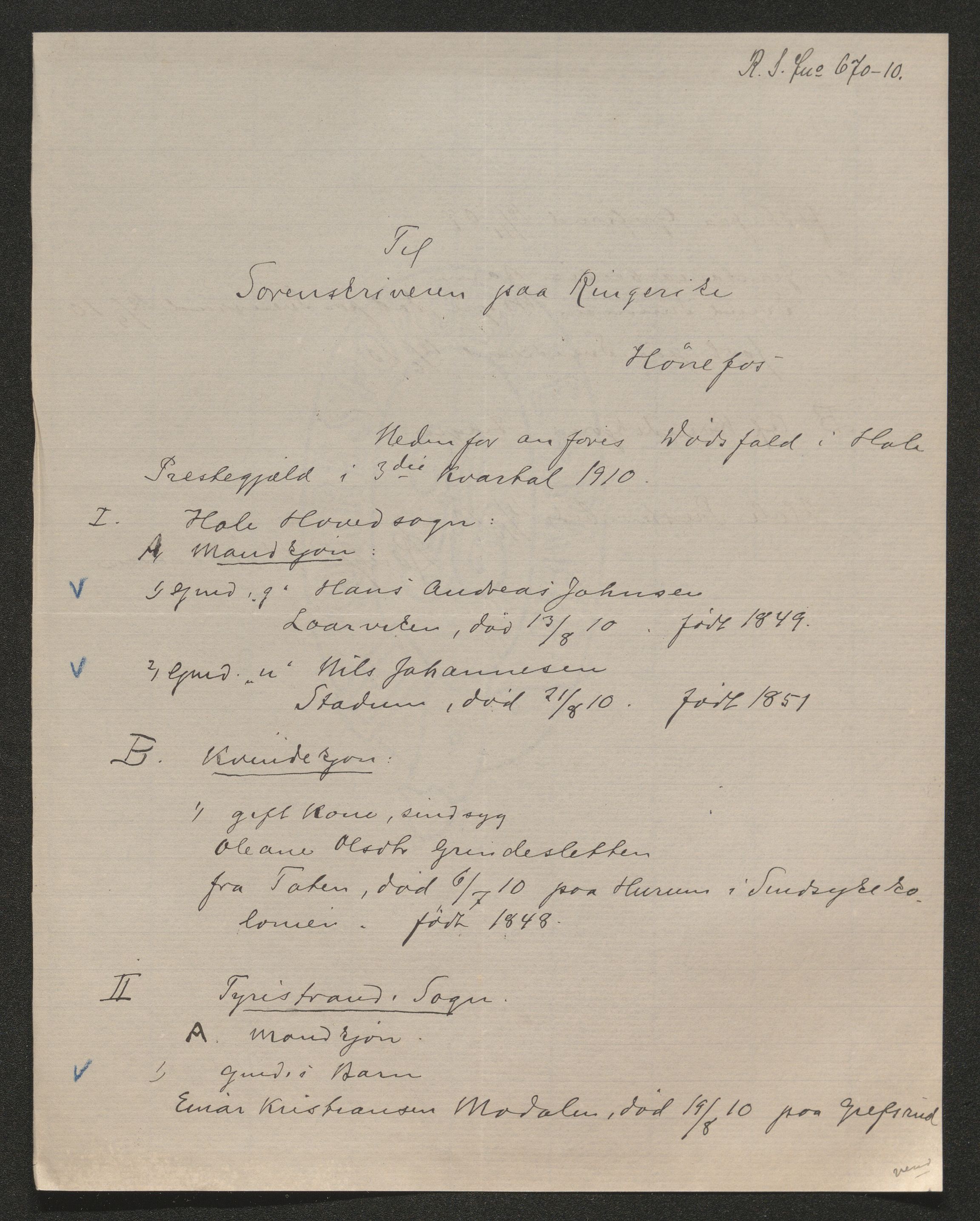 Ringerike sorenskriveri, AV/SAKO-A-105/H/Ha/Hab/L0018: Dødsfallslister Hole, 1838-1925