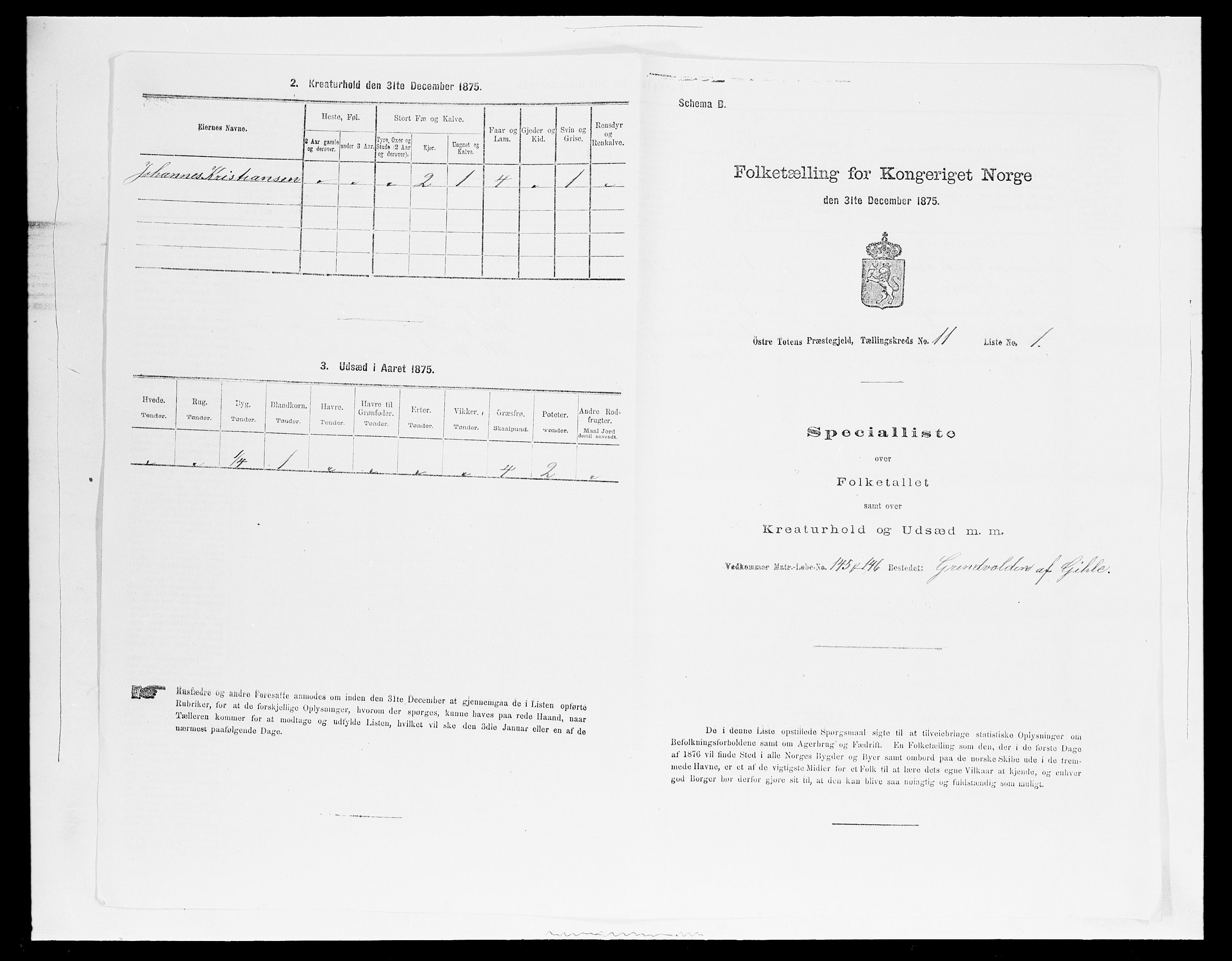 SAH, Folketelling 1875 for 0528P Østre Toten prestegjeld, 1875, s. 1998