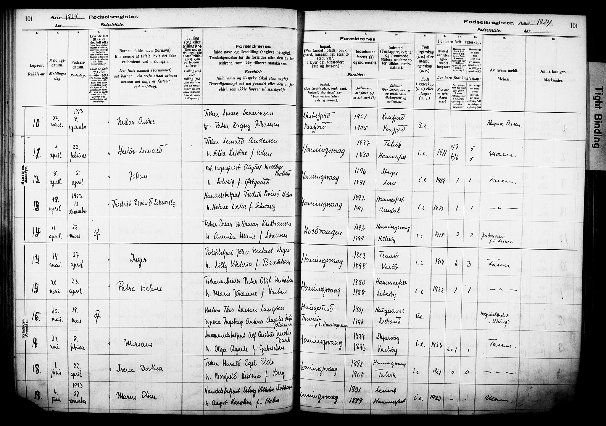 Kjelvik/Nordkapp sokneprestkontor, AV/SATØ-S-1350/I/Ia/L0015: Fødselsregister nr. 15, 1916-1930, s. 101