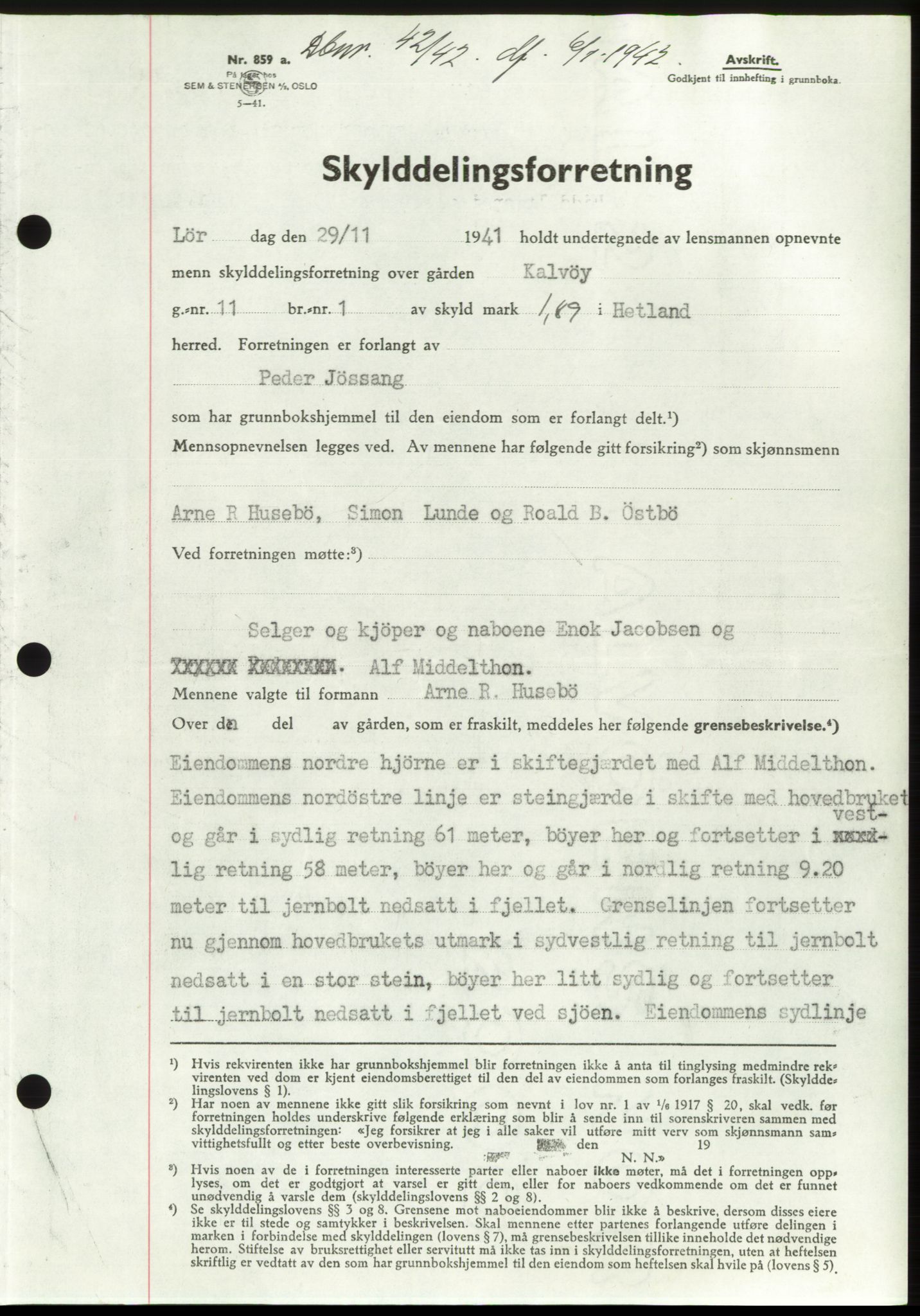 Jæren sorenskriveri, SAST/A-100310/03/G/Gba/L0082: Pantebok, 1942-1942, Dagboknr: 42/1942