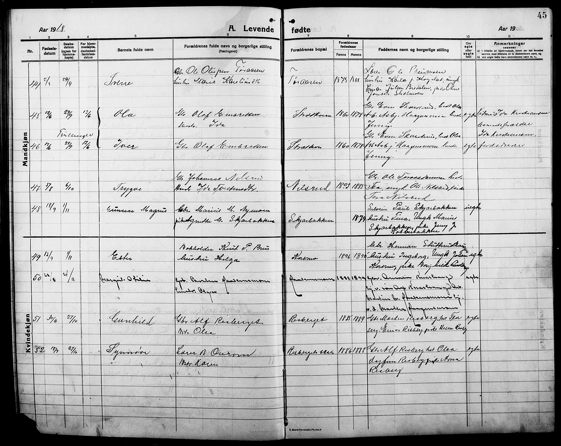 Våler prestekontor, Hedmark, AV/SAH-PREST-040/H/Ha/Hab/L0003: Klokkerbok nr. 3, 1914-1921, s. 45