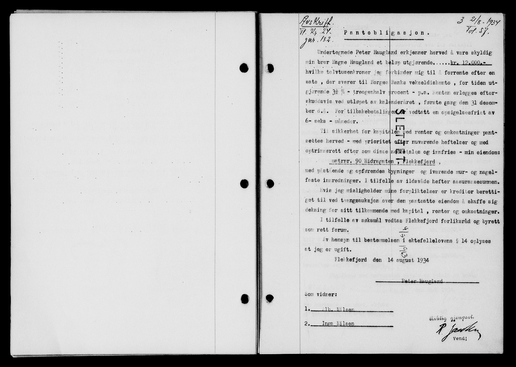 Flekkefjord sorenskriveri, AV/SAK-1221-0001/G/Gb/Gba/L0051: Pantebok nr. 47, 1934-1935, Tingl.dato: 21.08.1934