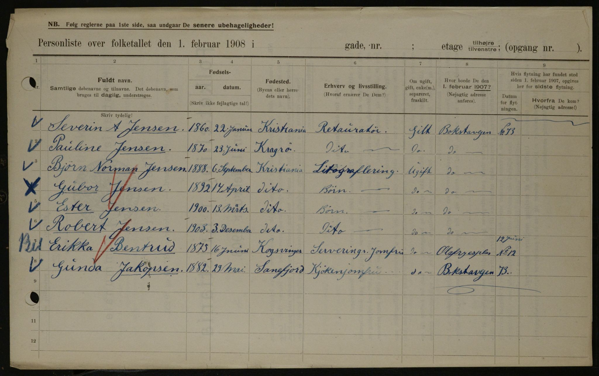 OBA, Kommunal folketelling 1.2.1908 for Kristiania kjøpstad, 1908, s. 7399