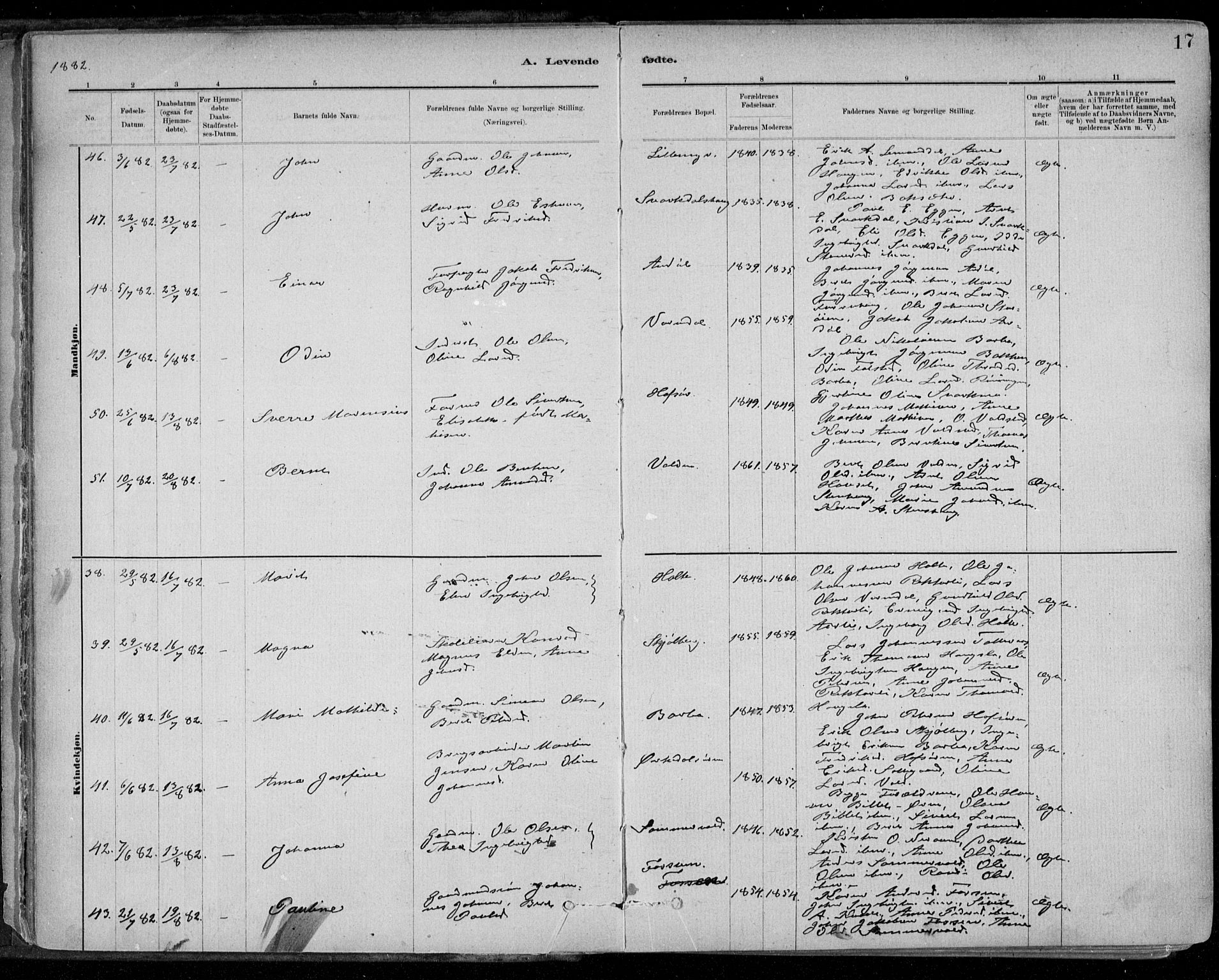 Ministerialprotokoller, klokkerbøker og fødselsregistre - Sør-Trøndelag, AV/SAT-A-1456/668/L0809: Ministerialbok nr. 668A09, 1881-1895, s. 17