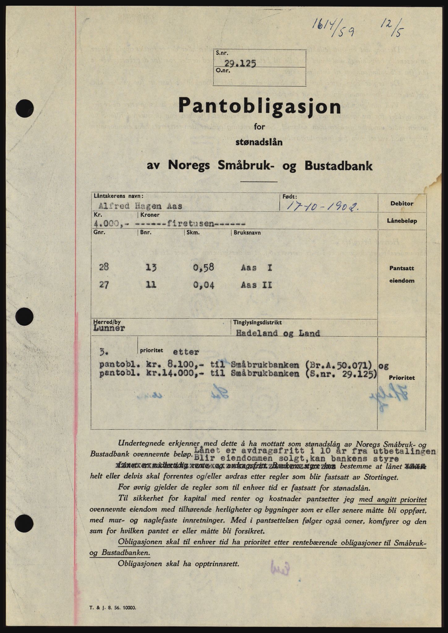 Hadeland og Land tingrett, SAH/TING-010/H/Hb/Hbc/L0040: Pantebok nr. B40, 1959-1959, Dagboknr: 1614/1959