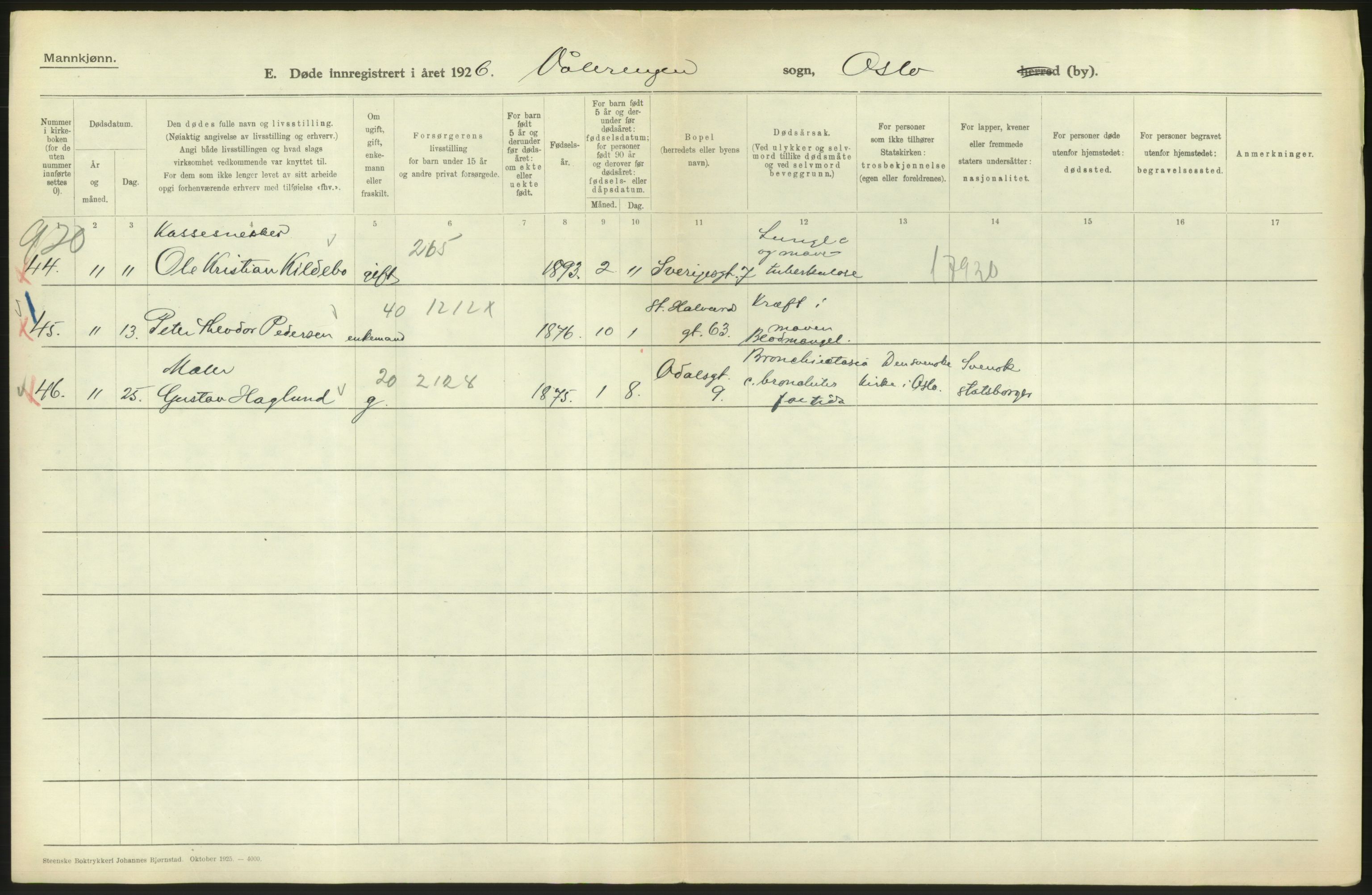 Statistisk sentralbyrå, Sosiodemografiske emner, Befolkning, AV/RA-S-2228/D/Df/Dfc/Dfcf/L0009: Oslo: Døde menn, 1926, s. 358