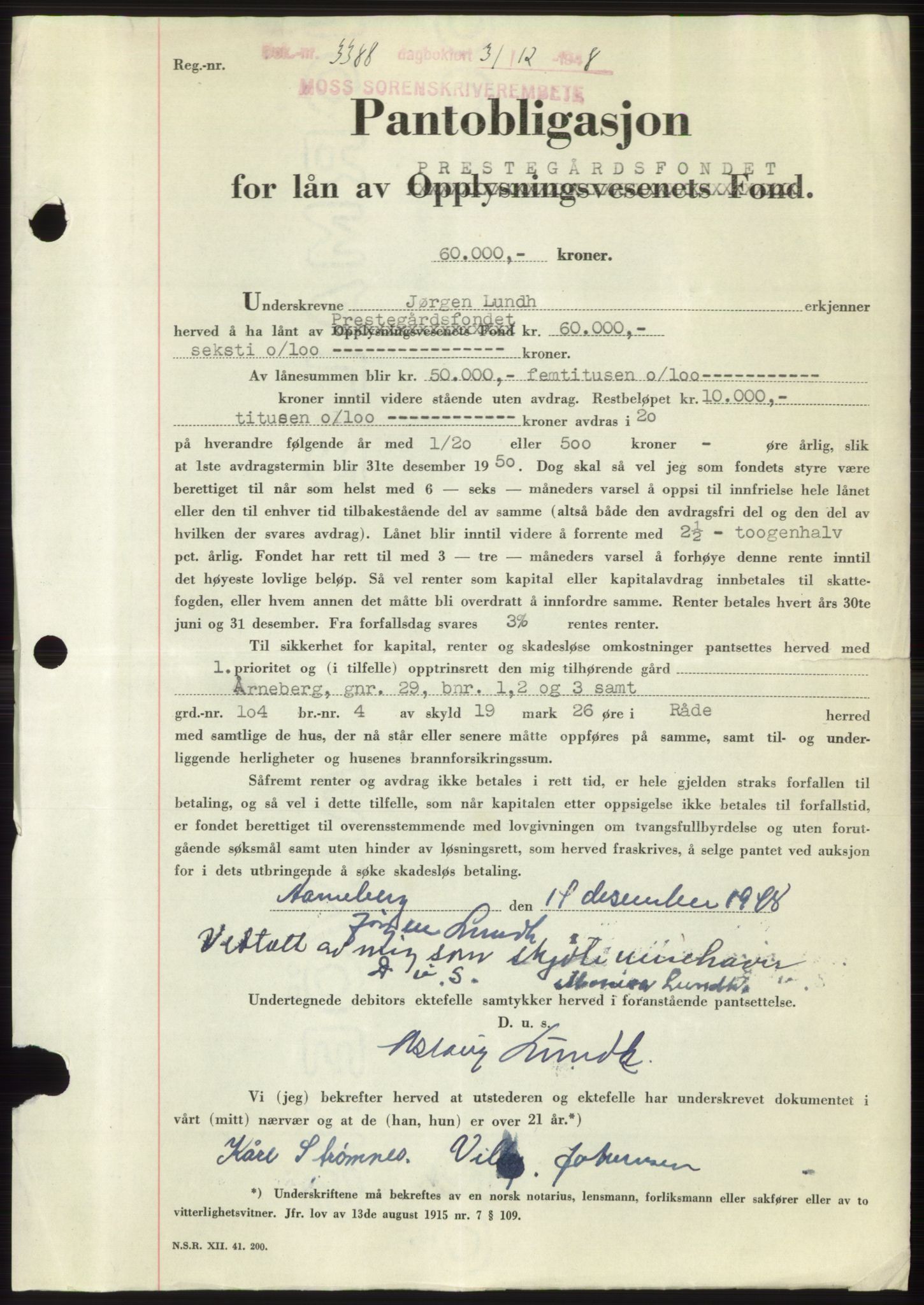 Moss sorenskriveri, AV/SAO-A-10168: Pantebok nr. B20, 1948-1948, Dagboknr: 3388/1948
