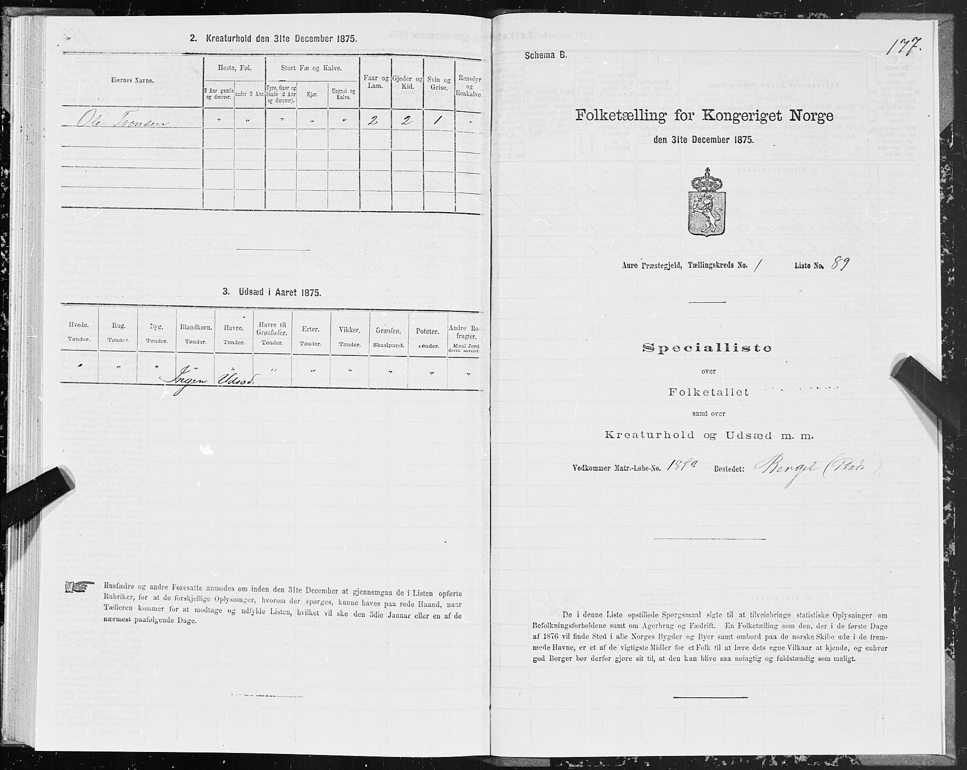 SAT, Folketelling 1875 for 1569P Aure prestegjeld, 1875, s. 1177