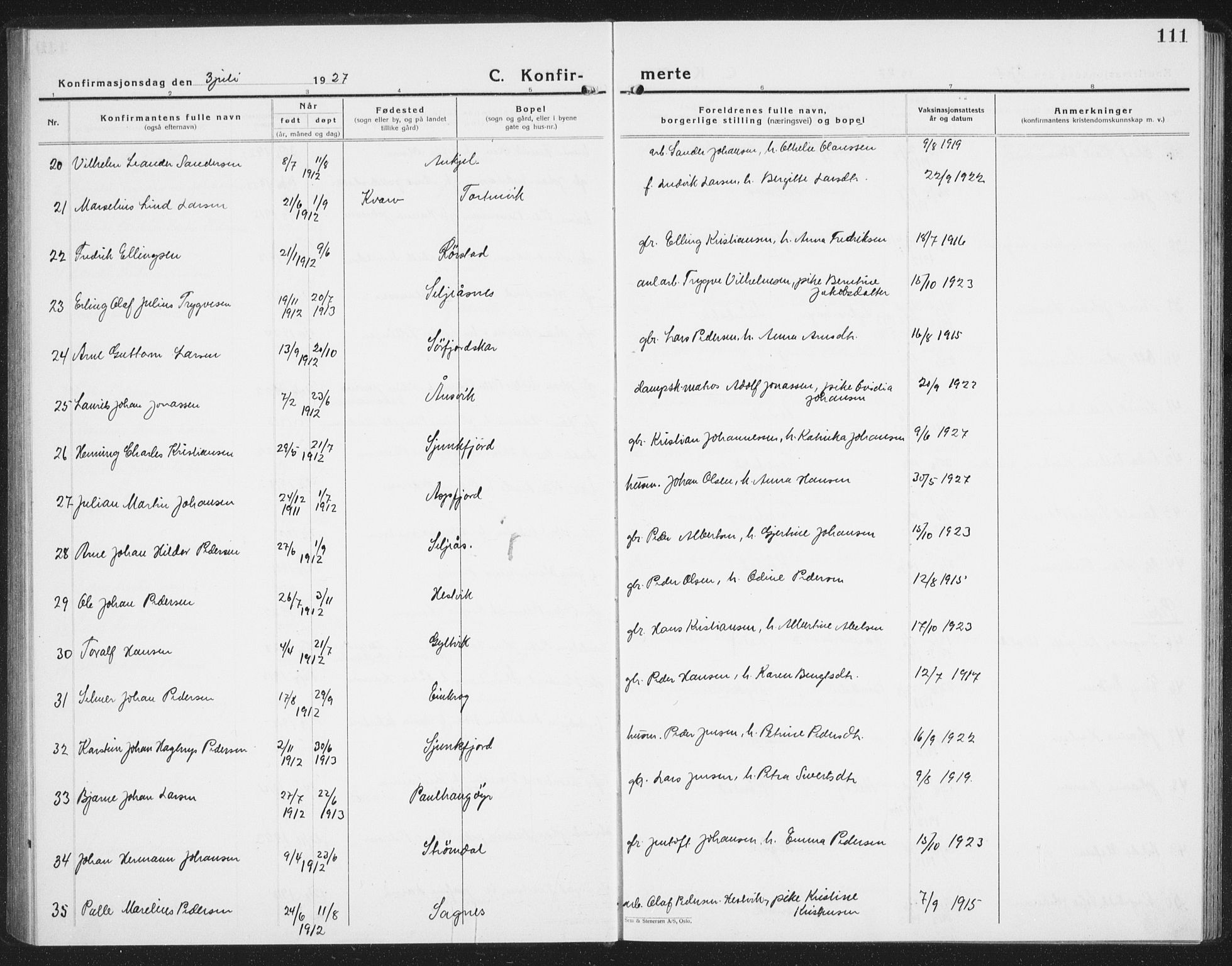 Ministerialprotokoller, klokkerbøker og fødselsregistre - Nordland, AV/SAT-A-1459/854/L0788: Klokkerbok nr. 854C04, 1926-1940, s. 111