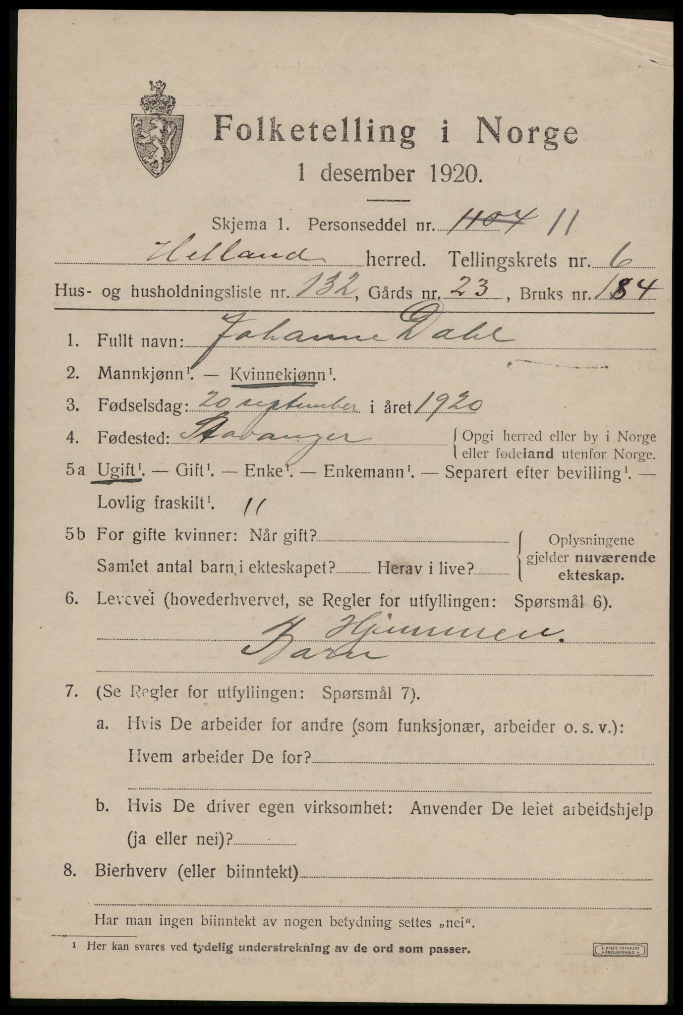 SAST, Folketelling 1920 for 1126 Hetland herred, 1920, s. 11661