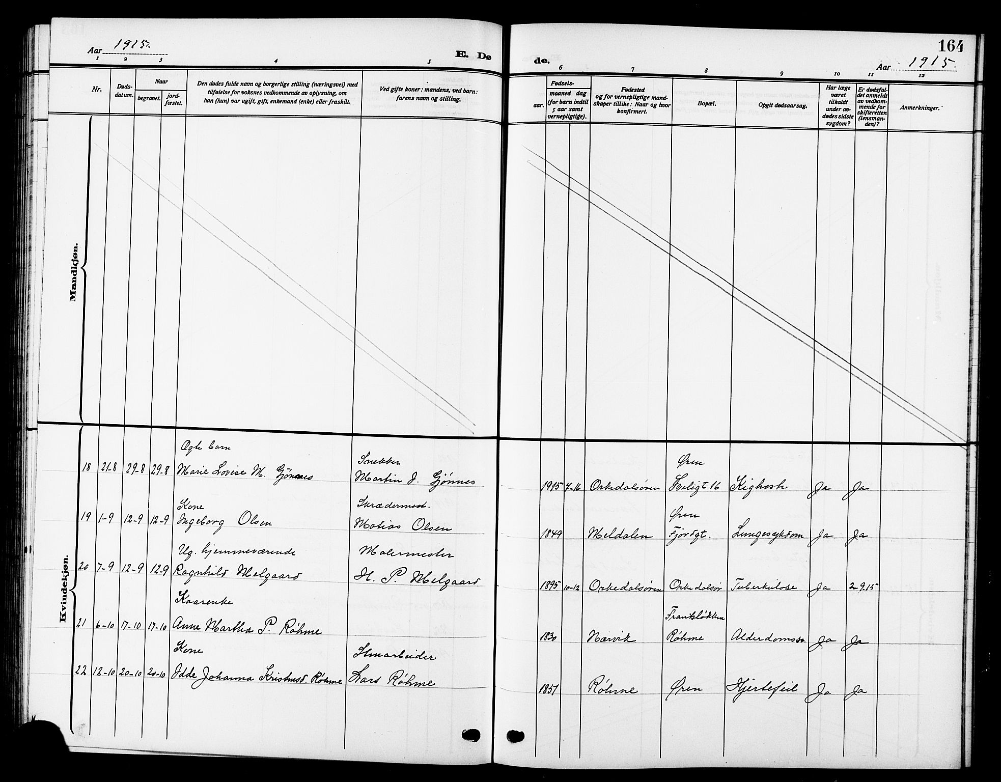 Ministerialprotokoller, klokkerbøker og fødselsregistre - Sør-Trøndelag, AV/SAT-A-1456/669/L0831: Klokkerbok nr. 669C01, 1909-1924, s. 164