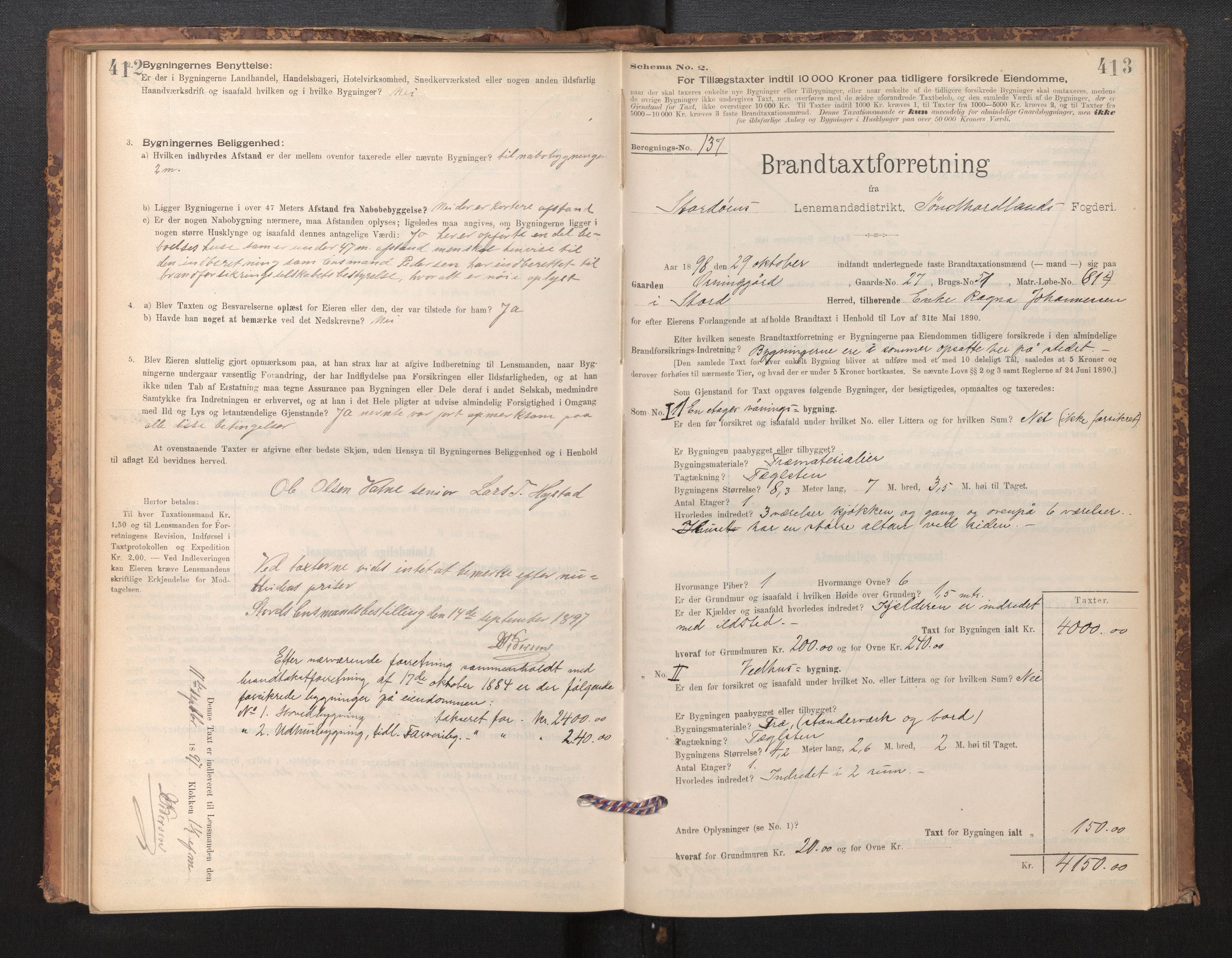 Lensmannen i Stord, SAB/A-35001/0012/L0002: Branntakstprotokoll, skjematakst, 1897-1922, s. 412-413