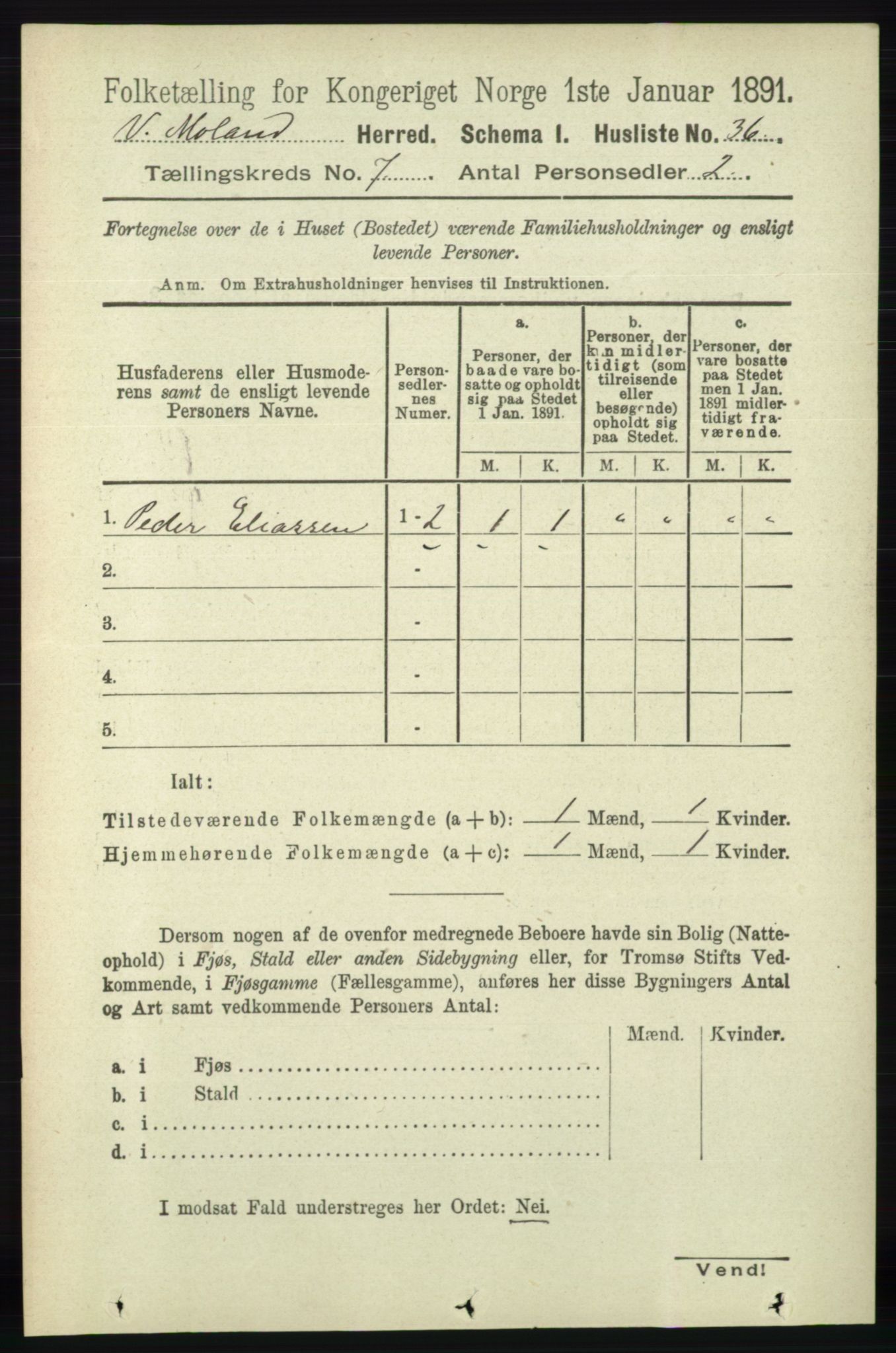 RA, Folketelling 1891 for 0926 Vestre Moland herred, 1891, s. 2795