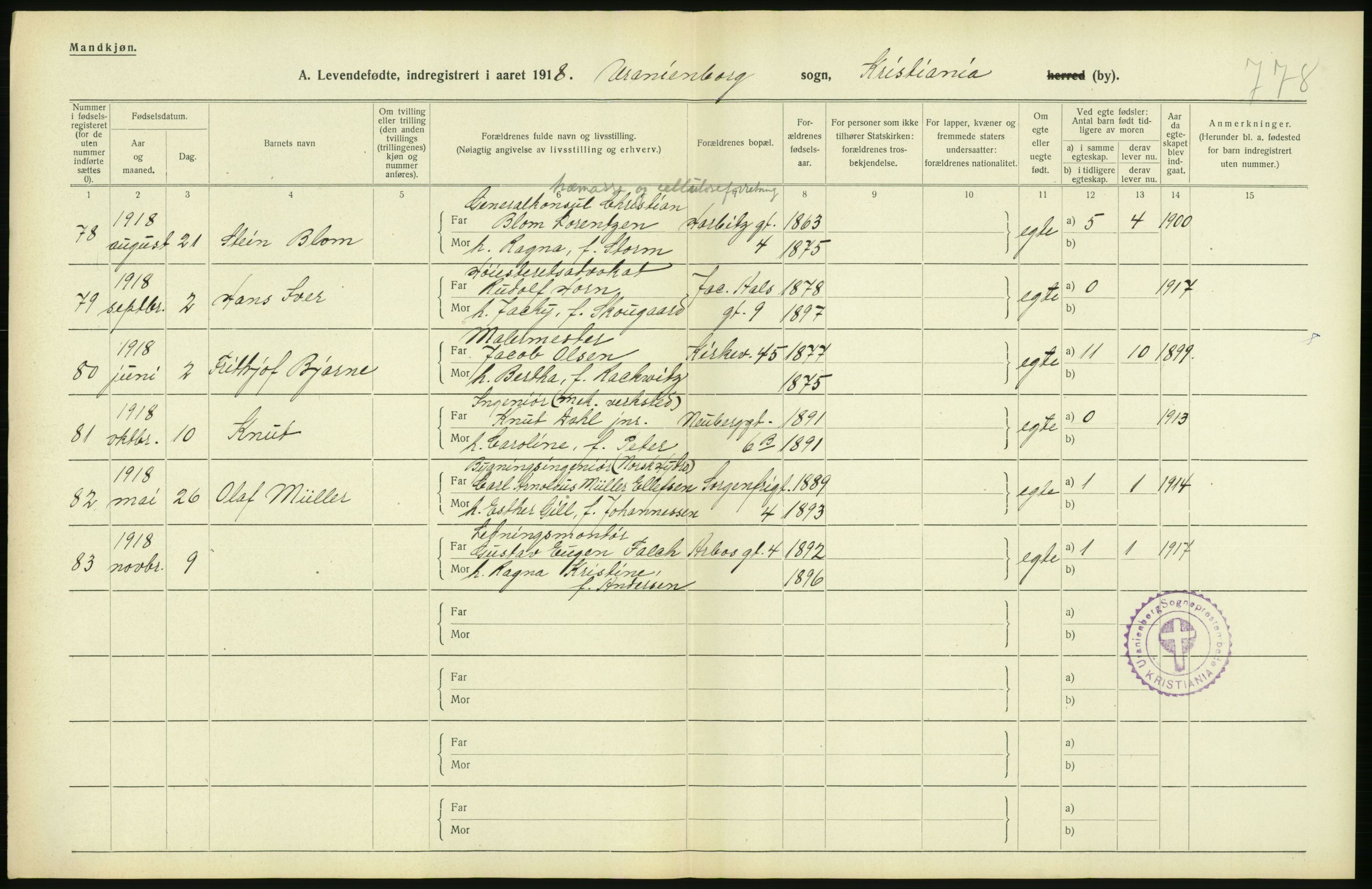 Statistisk sentralbyrå, Sosiodemografiske emner, Befolkning, AV/RA-S-2228/D/Df/Dfb/Dfbh/L0008: Kristiania: Levendefødte menn og kvinner., 1918, s. 172
