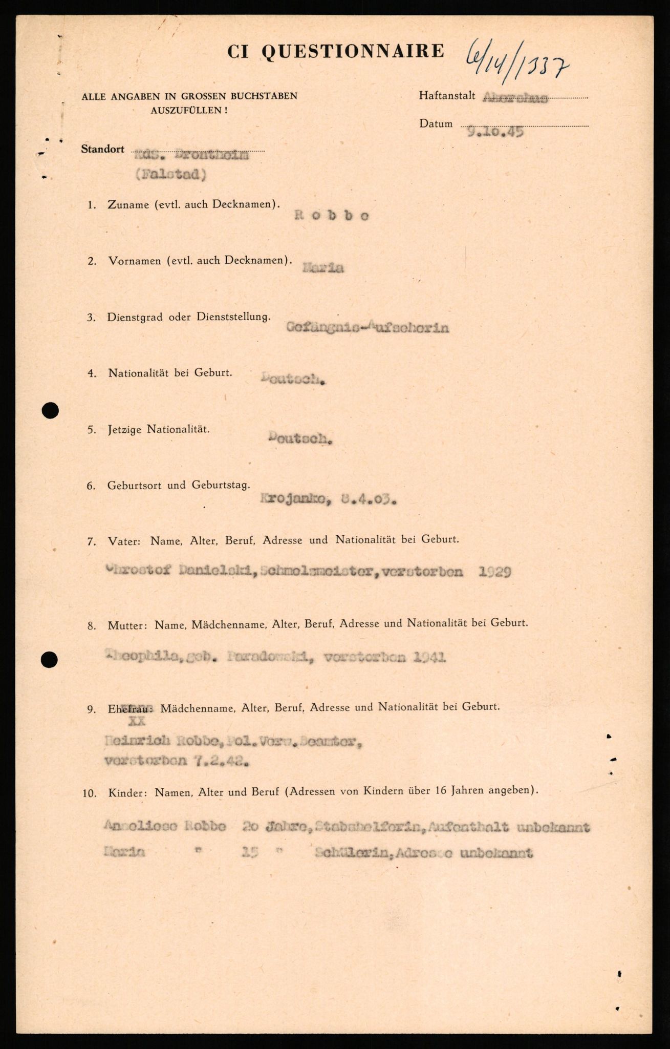 Forsvaret, Forsvarets overkommando II, AV/RA-RAFA-3915/D/Db/L0027: CI Questionaires. Tyske okkupasjonsstyrker i Norge. Tyskere., 1945-1946, s. 458