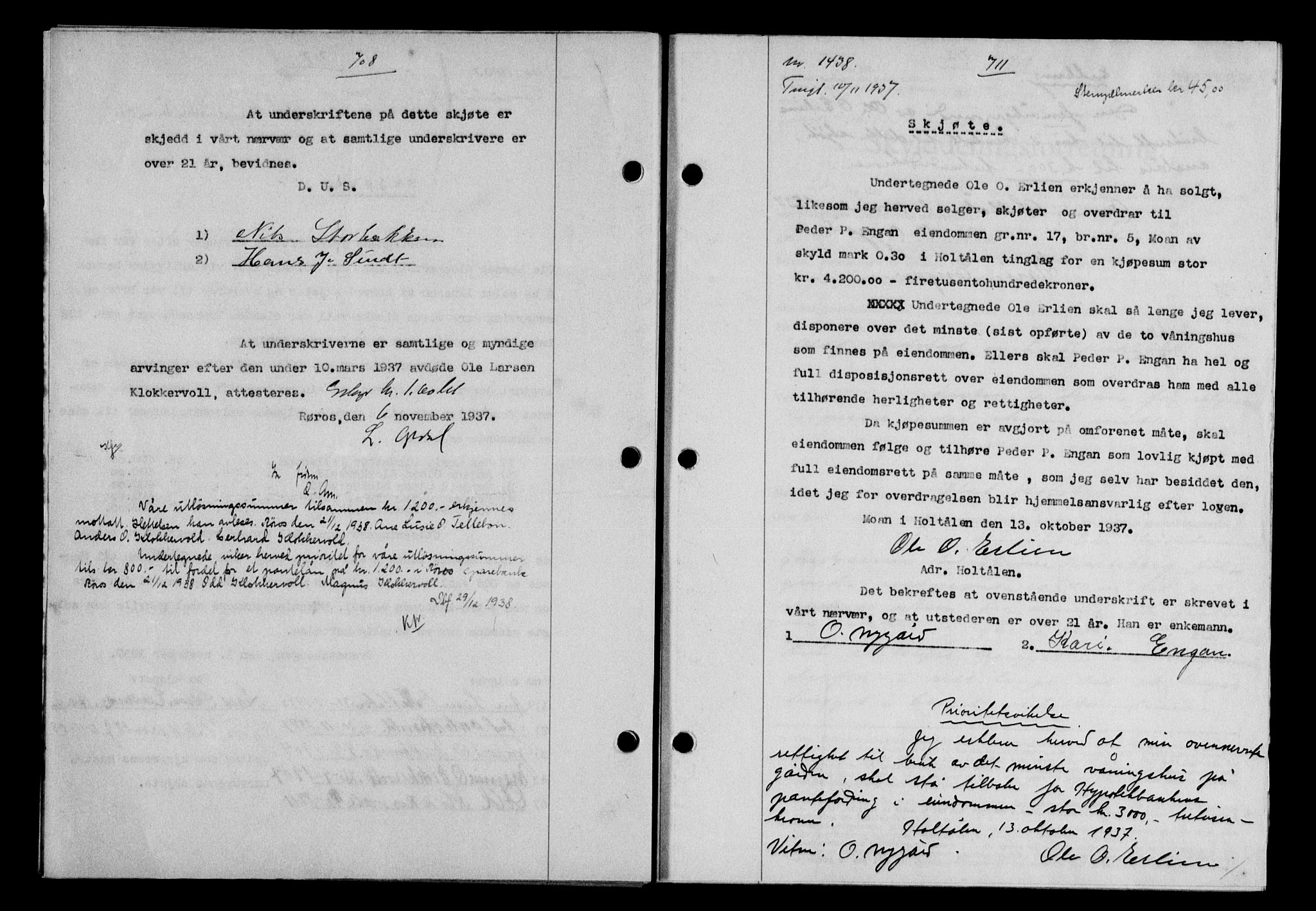 Gauldal sorenskriveri, SAT/A-0014/1/2/2C/L0048: Pantebok nr. 51-52, 1937-1938, s. 708, Dagboknr: 1438/1937