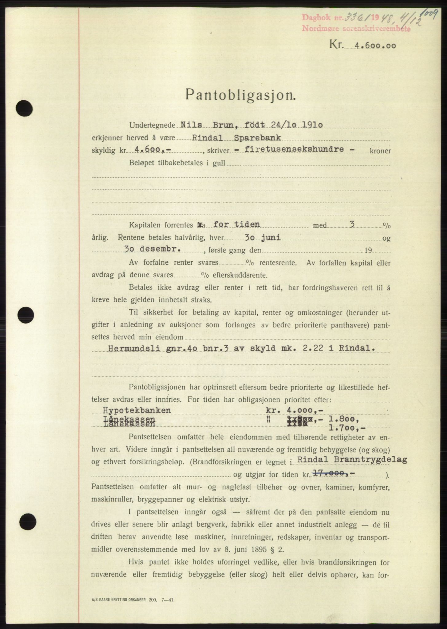 Nordmøre sorenskriveri, SAT/A-4132/1/2/2Ca: Pantebok nr. B100, 1948-1949, Dagboknr: 3361/1948