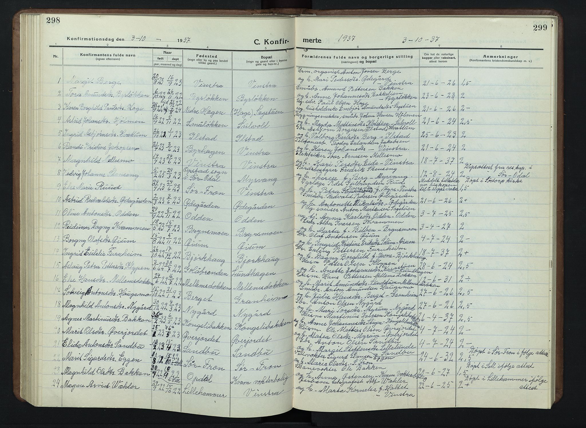 Nord-Fron prestekontor, AV/SAH-PREST-080/H/Ha/Hab/L0007: Klokkerbok nr. 7, 1915-1946, s. 298-299