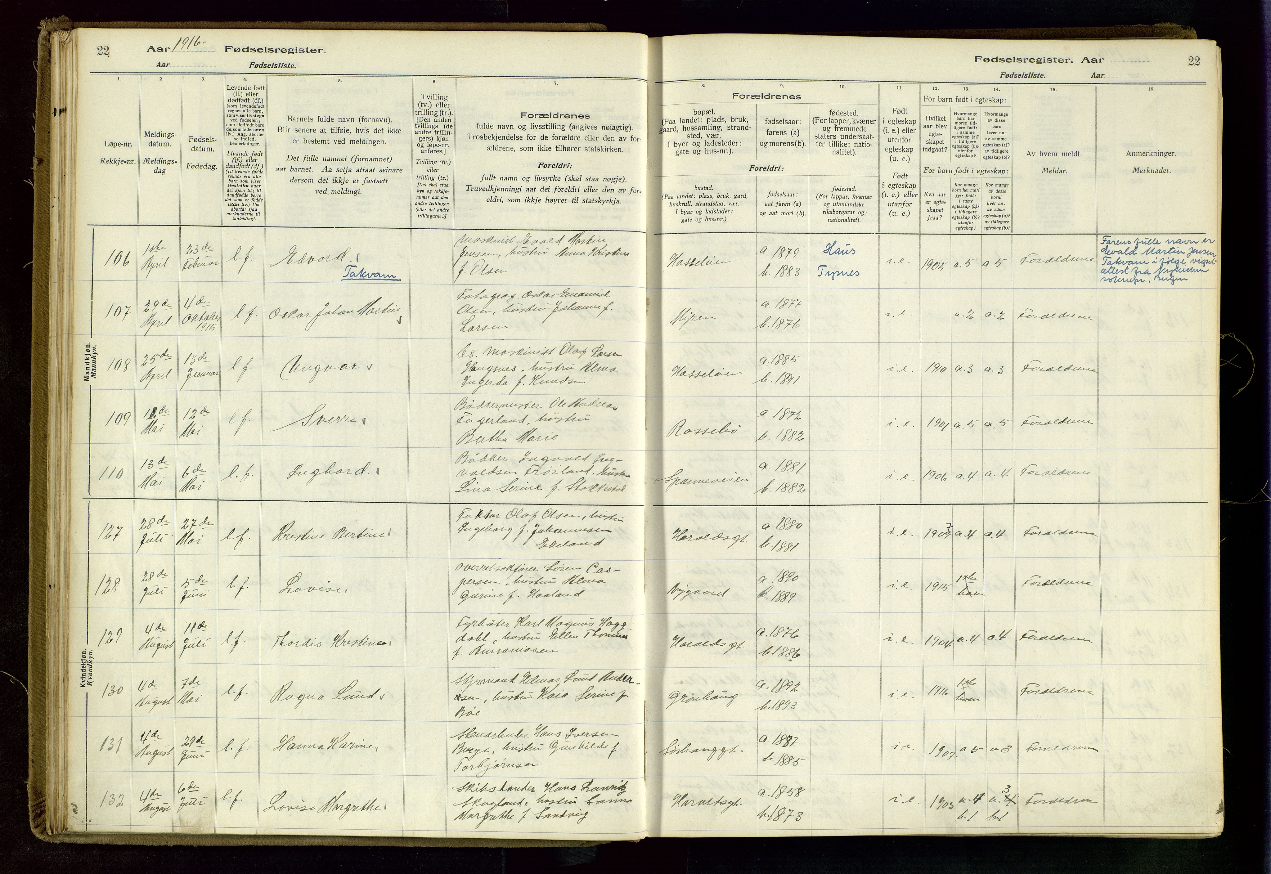 Haugesund sokneprestkontor, AV/SAST-A -101863/I/Id/L0003: Fødselsregister nr. 1, 1916-1919, s. 22